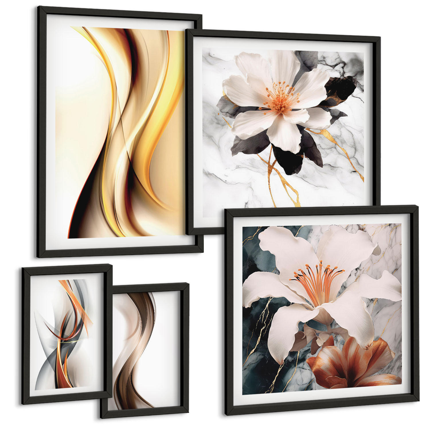 BILDER SET 5er Set - 50x50 cm & 20x30 cm & 40x60 cm Schwarzer Rahmen - Charmante Straßen und Pizza - Schwarz, Kunststoff (40/60cm) - TULUP