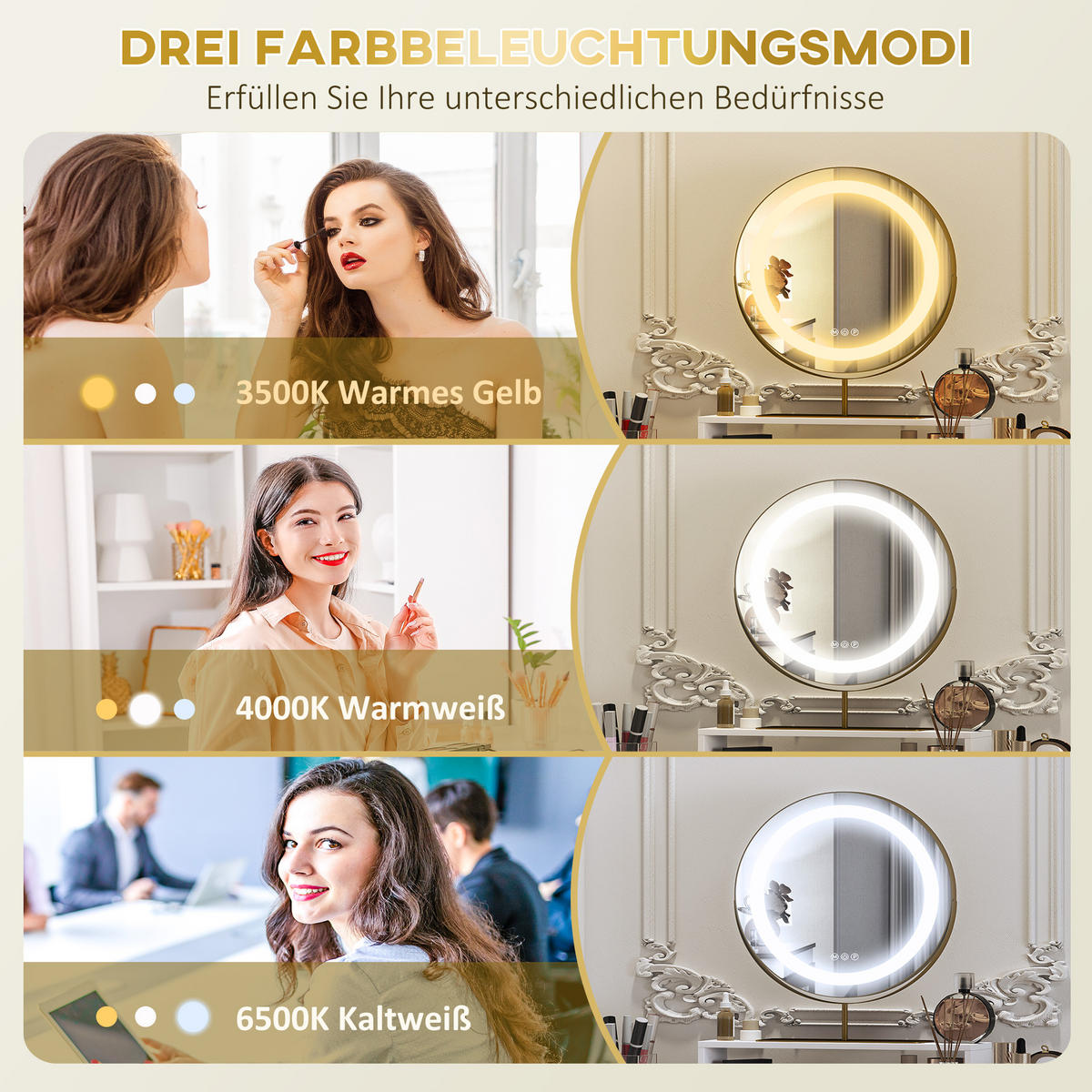 SCHMINKTISCH mit LED Beleuchtung, 100 x 50 x 137,5 cm, Weiß - Weiß, Holzwerkstoff (100/137.5/50cm) - HOMCOM