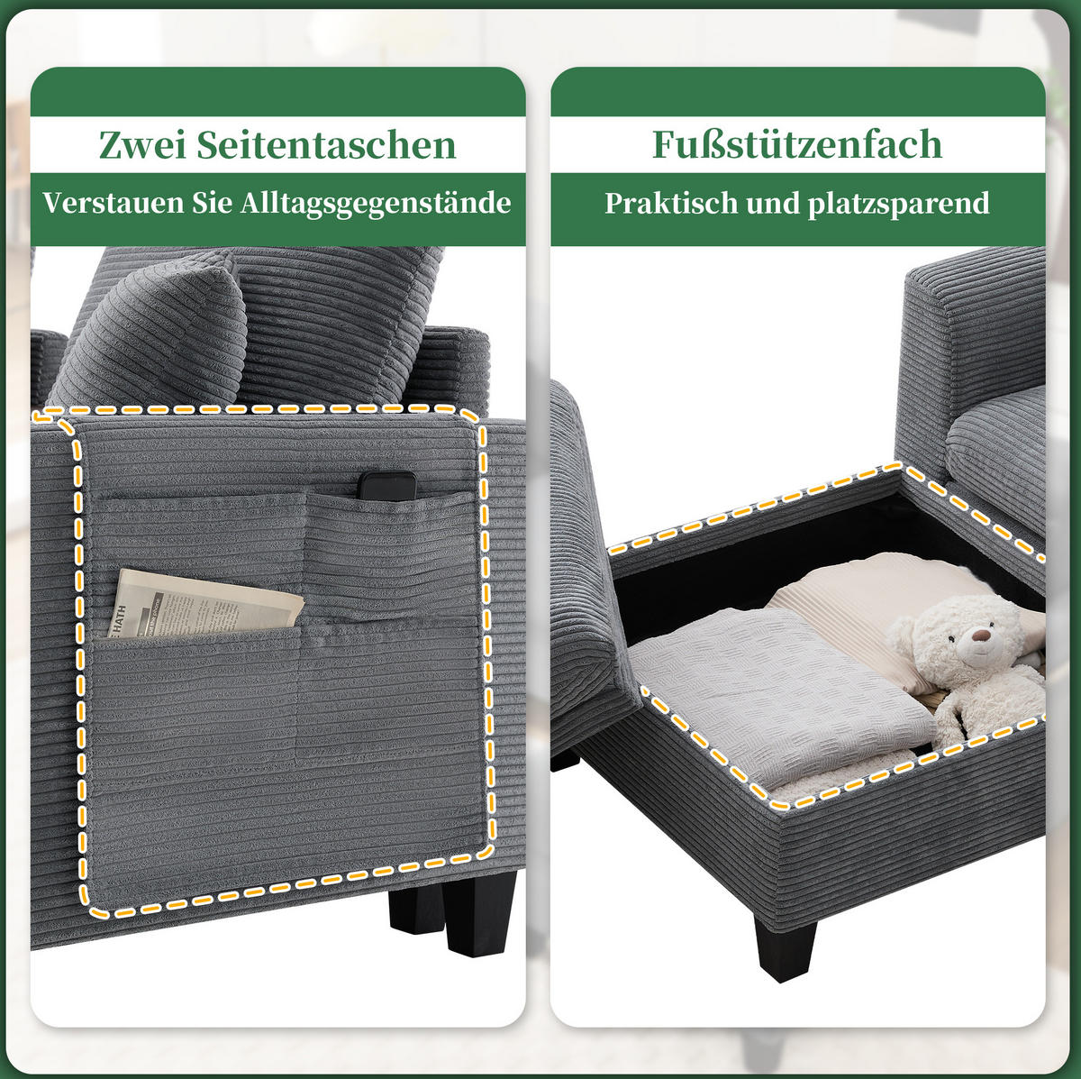 ECKSOFA Cord mit Konsole USB-Anschluss und Becherhalter 229/149,5/83 cm Grau - Grau, Kunststoff/Textil (83/149.5cm) - Redom