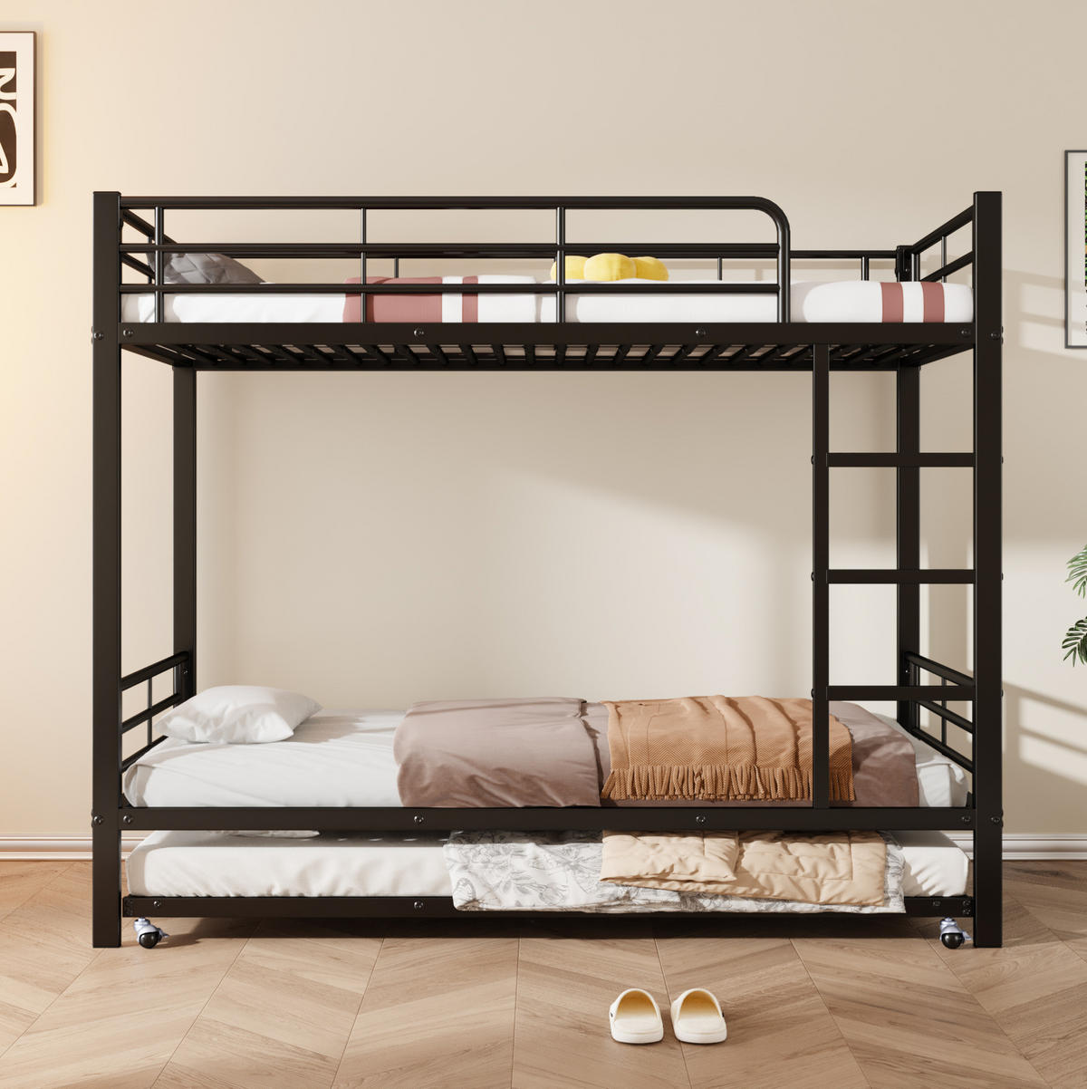 ETAGENBETT 90/200 cm aus Metall mit Ausziehbett – schwarz und platzsparend - Schwarz, Metall (90/190cm) - BEAOK