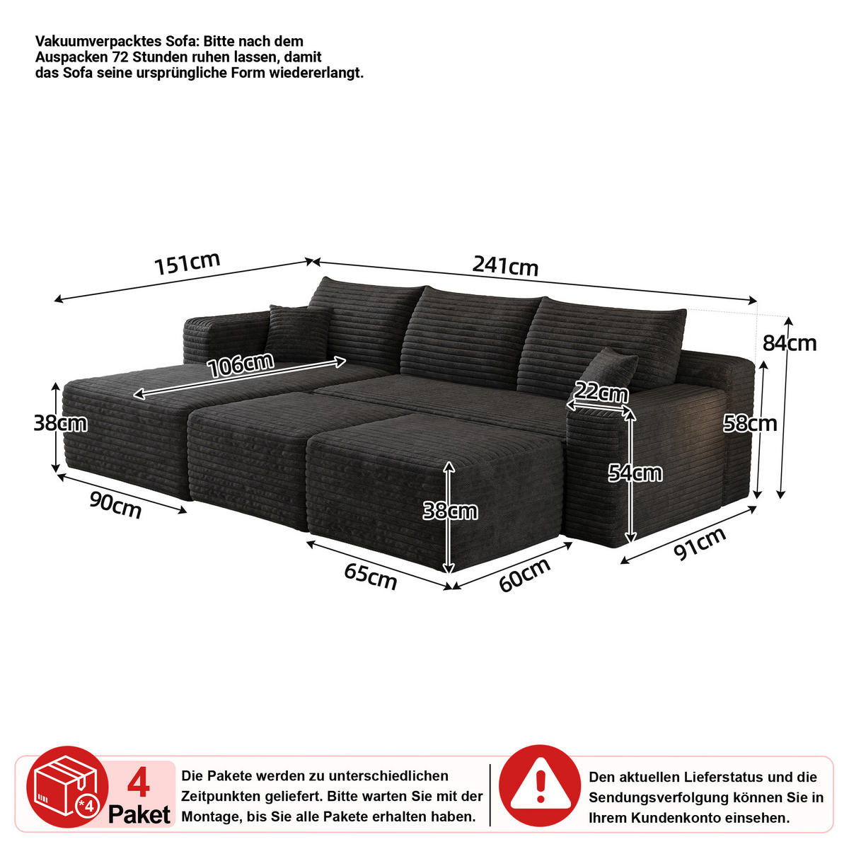 WOHNLANDSCHAFT Cord Schwarz - Schwarz, Textil (241/58/151cm) - WISHDOR