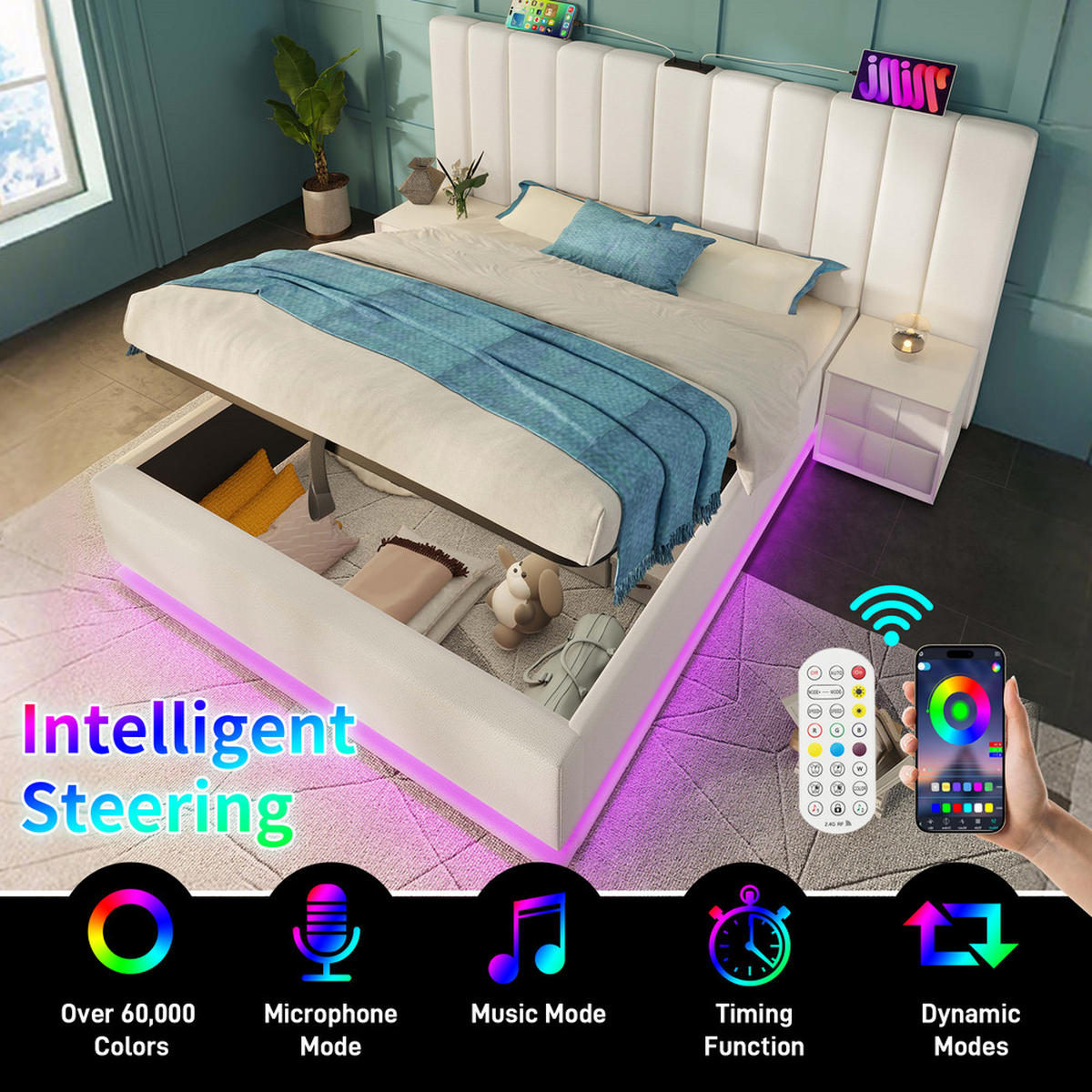 POLSTERBETT 160x200cm Doppelbett mit App LED & USB-C Stauraum Weiß - Weiß, Holz - FLIEKS