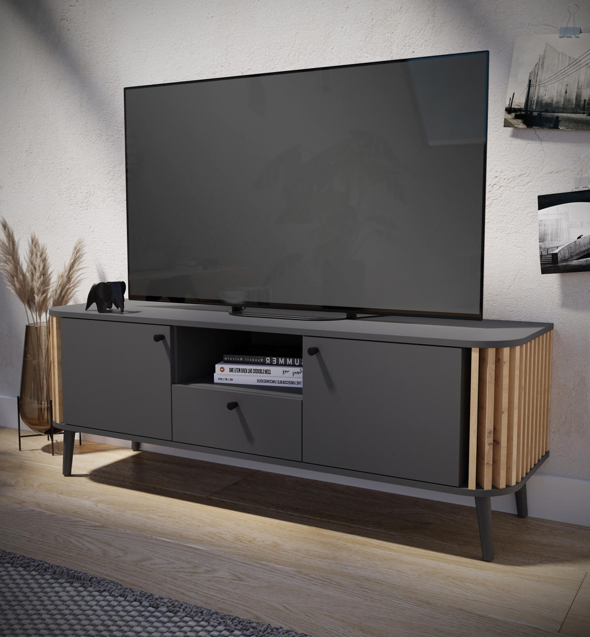 TV-LOWBOARD grau, Eiche Artisan 138 cm, Fernsehtisch mit 3D-Lamellen - Dunkelgrau/Schwarz, Holzwerkstoff/Metall (138/50/40cm) - Inn.Furn
