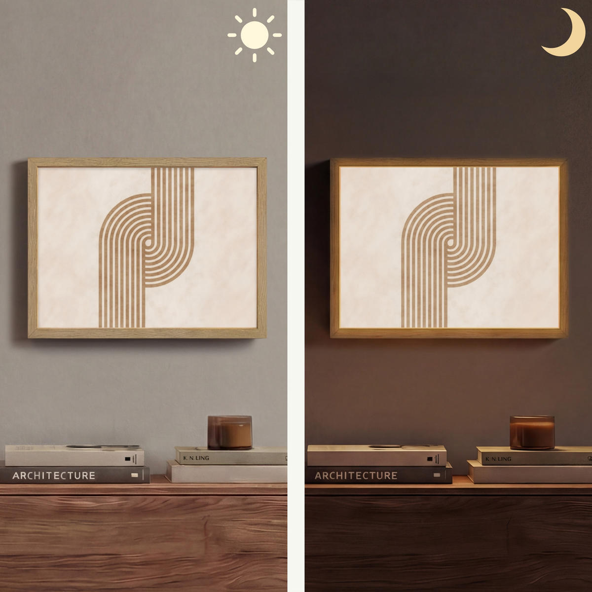 NÁSTĚNNÁ LAMPA S AKUMULÁTOREM Symetrický ohyb - měděná barva 40x30 cm - béžová, kompozitní dřevo (40/30/8cm) - OnlyWow