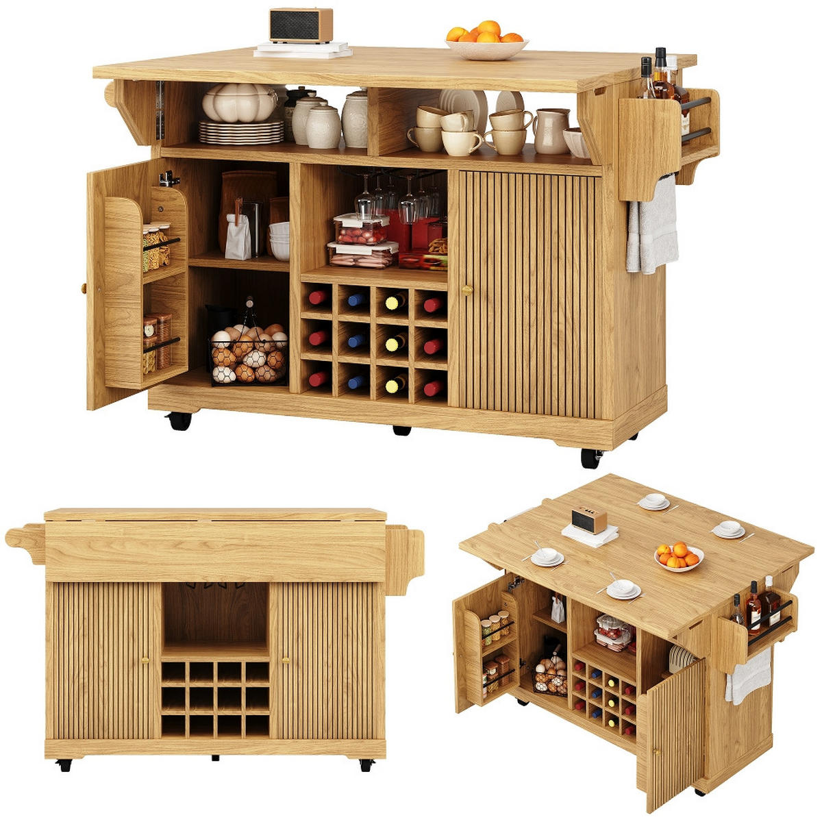 KÜCHENINSEL ausklappbar mit Stauraum, Naturbraun, MDF/Metall, 142,5/80/95 cm - Naturfarben, Kunststoff (80/95/142.5cm) - Rolipo