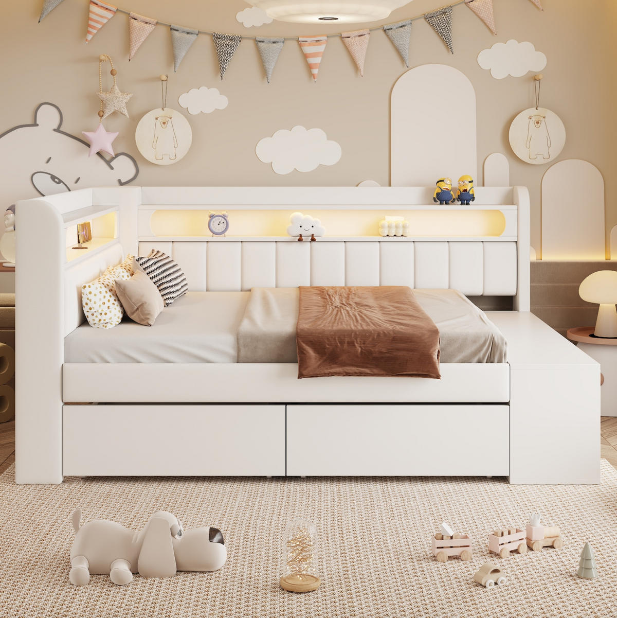 SCHLAFSOFA 90/200 cm mit LED-Beleuchtung, USB-Anschluss, 2 Schubladen und Schuhschrank, Weiß - Weiß, Holzwerkstoff (104/91.5/212.5cm) - Redom