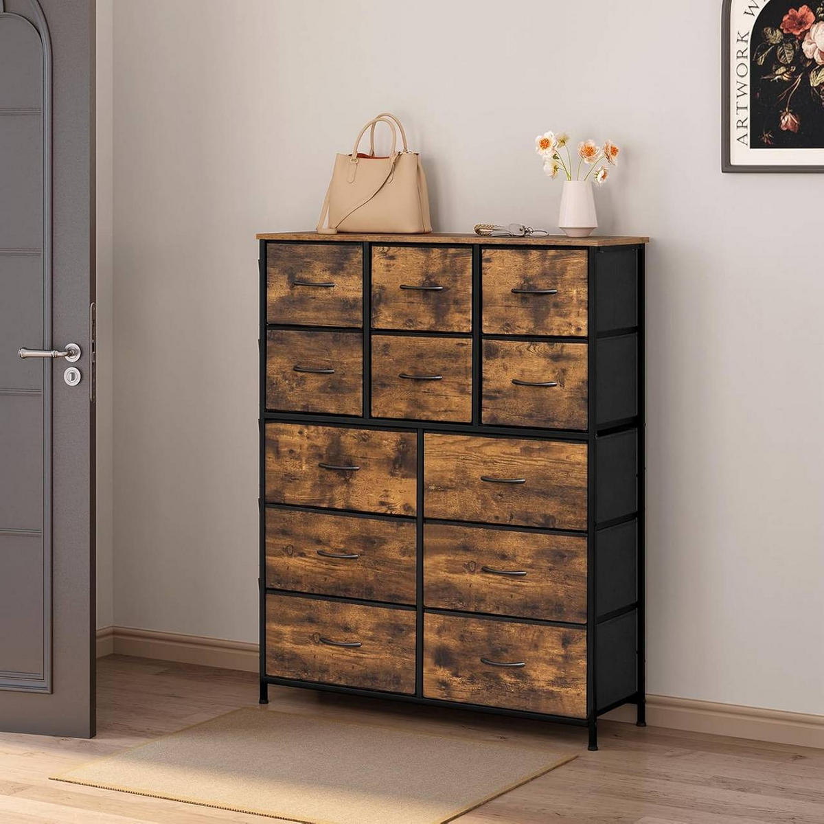KOMMODE mit 12 Stoffschubladen, Rustikales Braun - Dunkelbraun/Schwarz, Holzwerkstoff/Textil (100/123/30cm) - Woltu