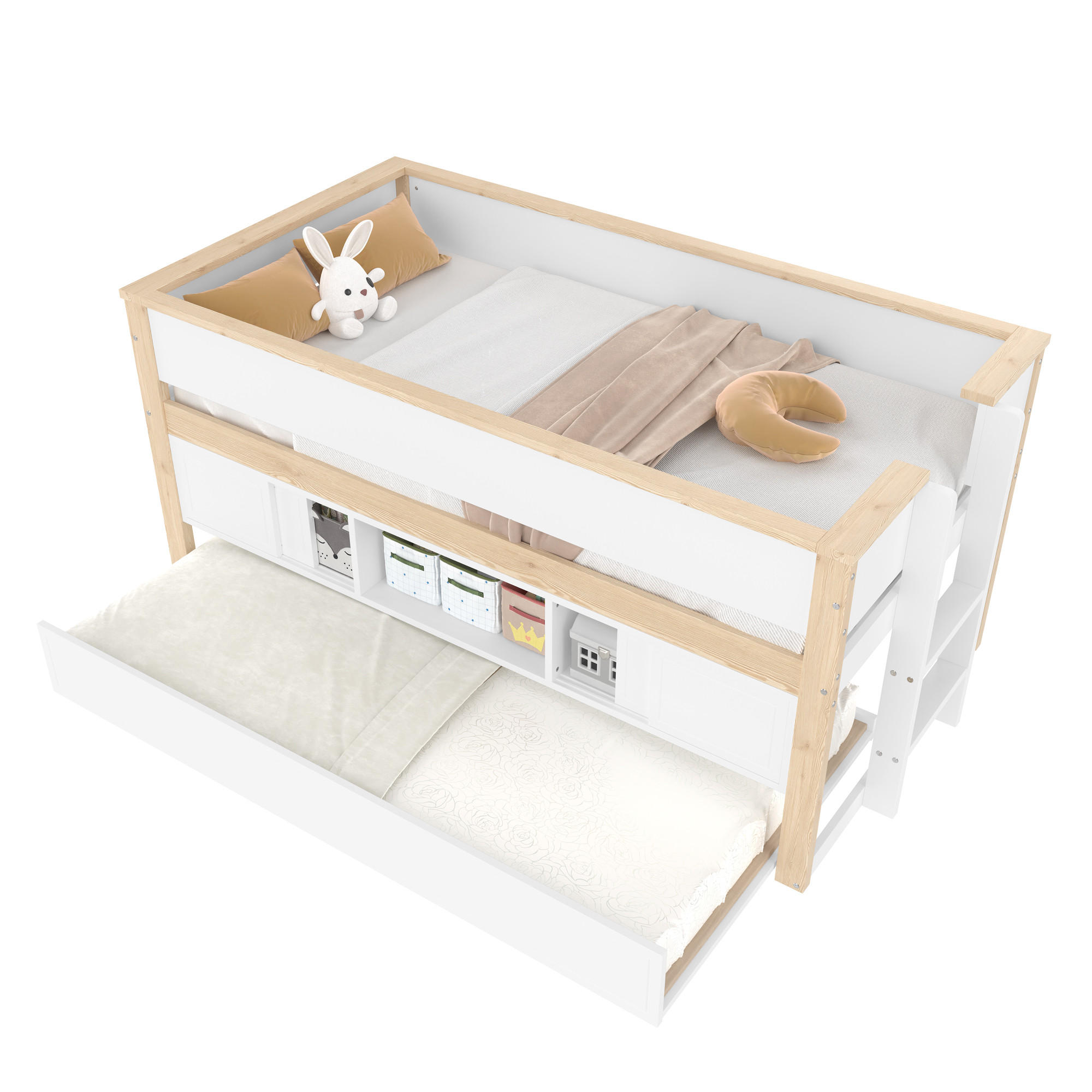 HALBHOHES BETT 90x200cm Weiß + Natur Ausziehbett Kinderbett Ablagefächer - Multicolor, Holz (90/200cm) - FLIEKS