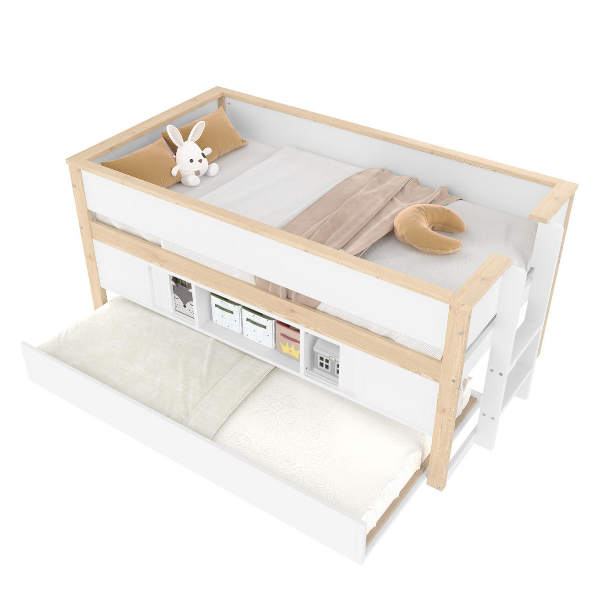 HALBHOHES BETT 90x200cm Weiß + Natur Ausziehbett Kinderbett Ablagefächer - Multicolor, Holz (90/200cm) - FLIEKS