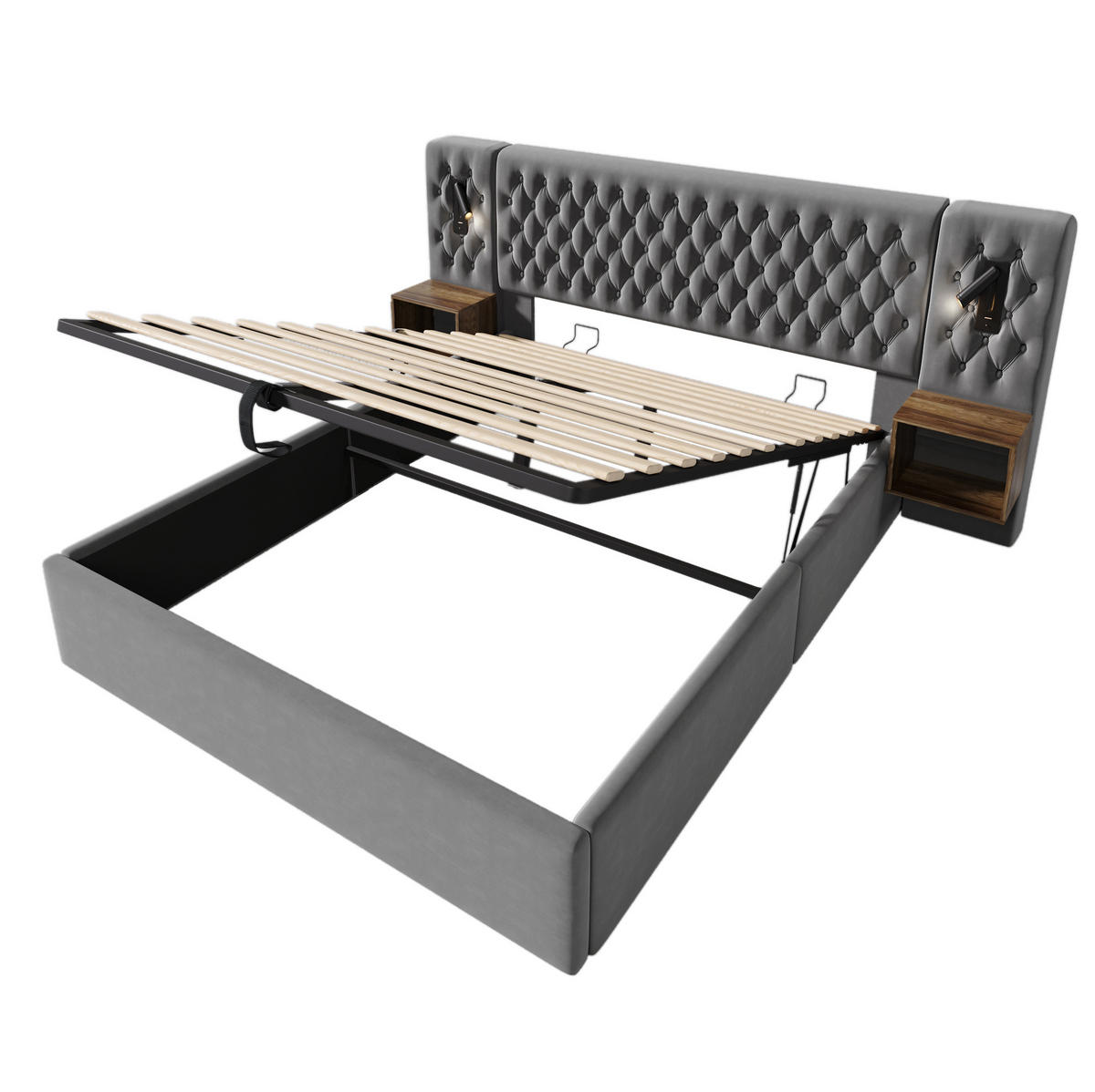 POSTEL 180/200 cm šedá ze sametu s úložným prostorem, 2 nočními stolky a USB osvětlením - šedá, textil (180/200cm) - OKWISH