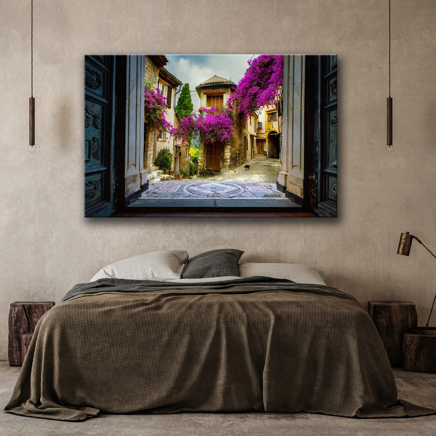 WANDBILD blick auf eine italienische straße mit blumen - Lila, Textil (60/40cm) - Feeby