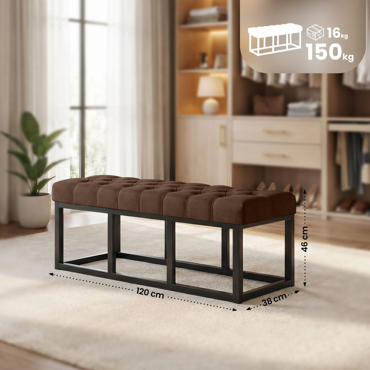SITZBANK 120/38 cm Stoff Braun - Schwarz/Braun, Textil/Metall (120/46/38cm) - CLP