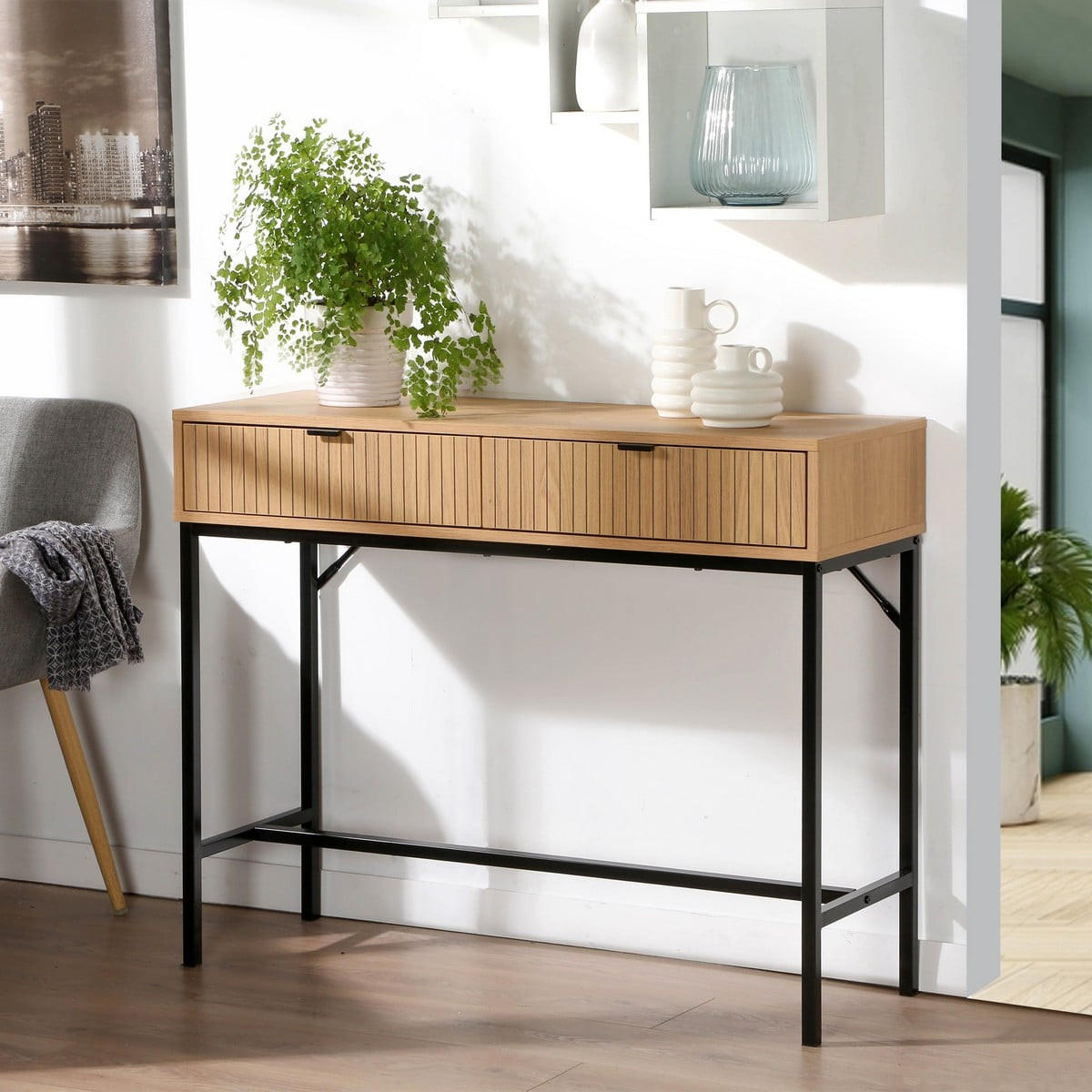 KONSOLE 2 Schubladen Front Effekt Holz mit Rillen - L100 x H80 cm - Apfelbaumfarben, Holzwerkstoff (100/35/80cm) - Calicosy