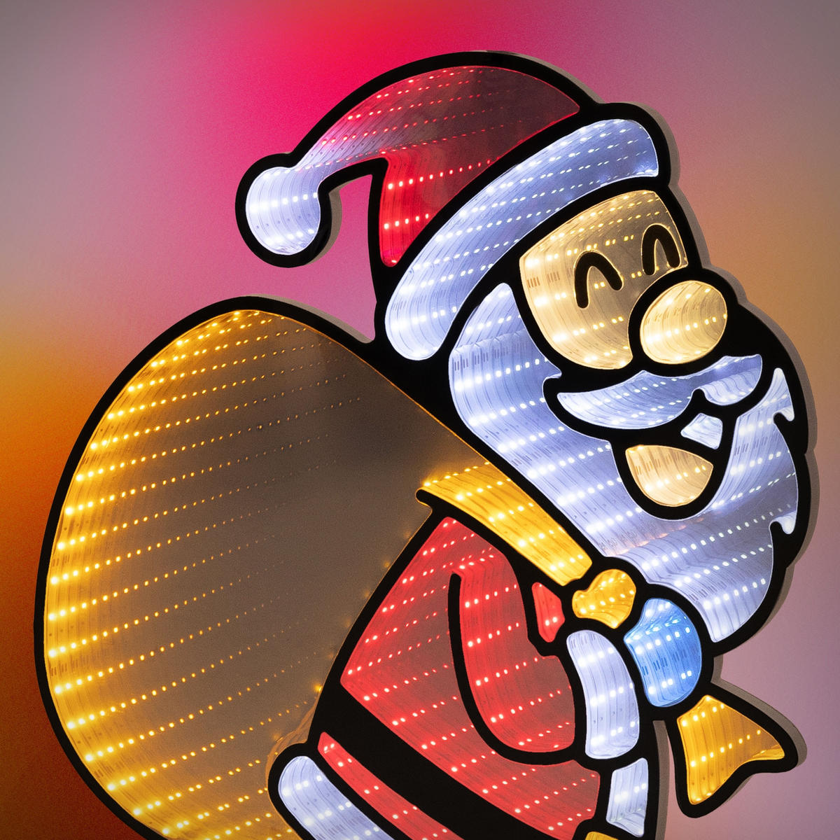 VÁNOČNÍ DEKORACE Santa Claus s pytlem na dárky LED Infinity Mirror 3D efekt s řetězem světel 47x60 cm pro vnitřní použití - různobarevná, plast (47/60/15cm) - ECD-Germany