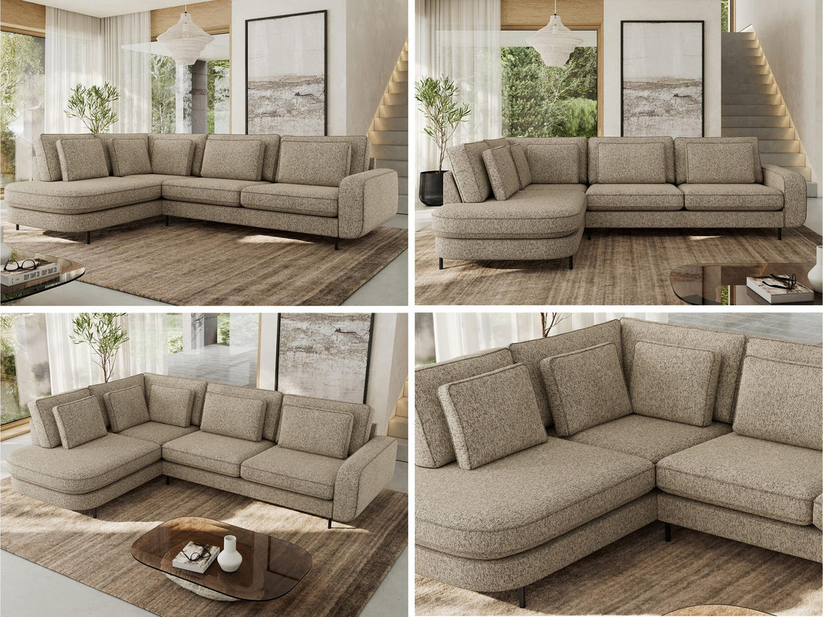ROHOVÁ SEDAČKA CALENO L - Béžová Strukturovaná látka - Pravá Strana - kapučínová/černá, kov/textil (317/225cm) - MKS