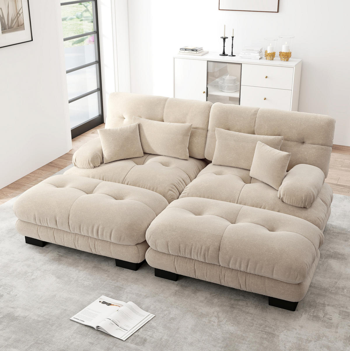 ECKSOFA modular mit 2 Ottomane, 2 Lendenkissen und 2 Dekokissen, Chenille, Hellkaffee - Cappuccino, Textil (220/145cm) - Redom