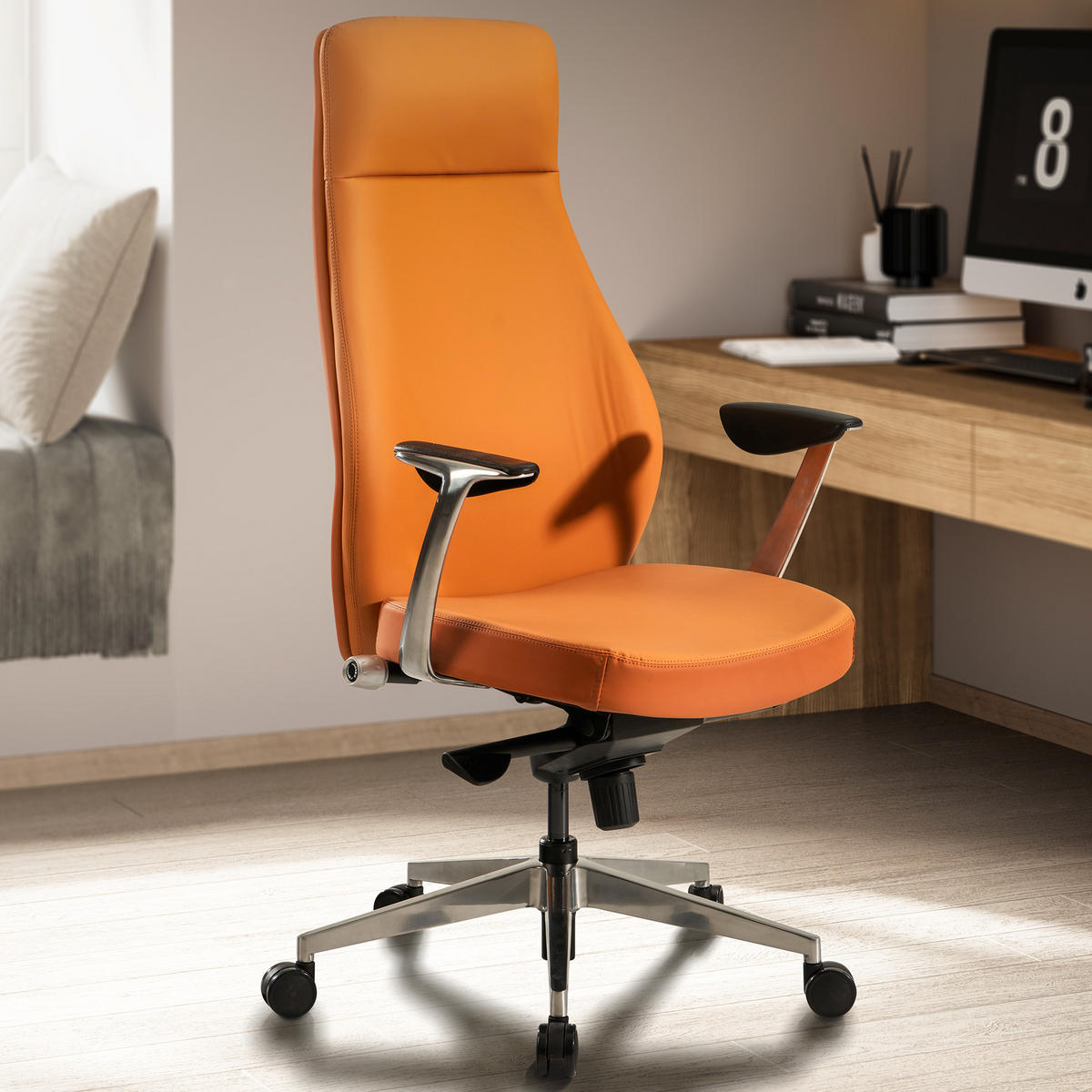 BÜROSTUHL Kunstleder bis 120 kg mit Wippmechanik, Armlehnen und hoher Rückenlehne, Braun 74x74x125 cm - Silberfarben/Braun, Textil/Metall (74/125/74cm) - KADIMA DESIGN