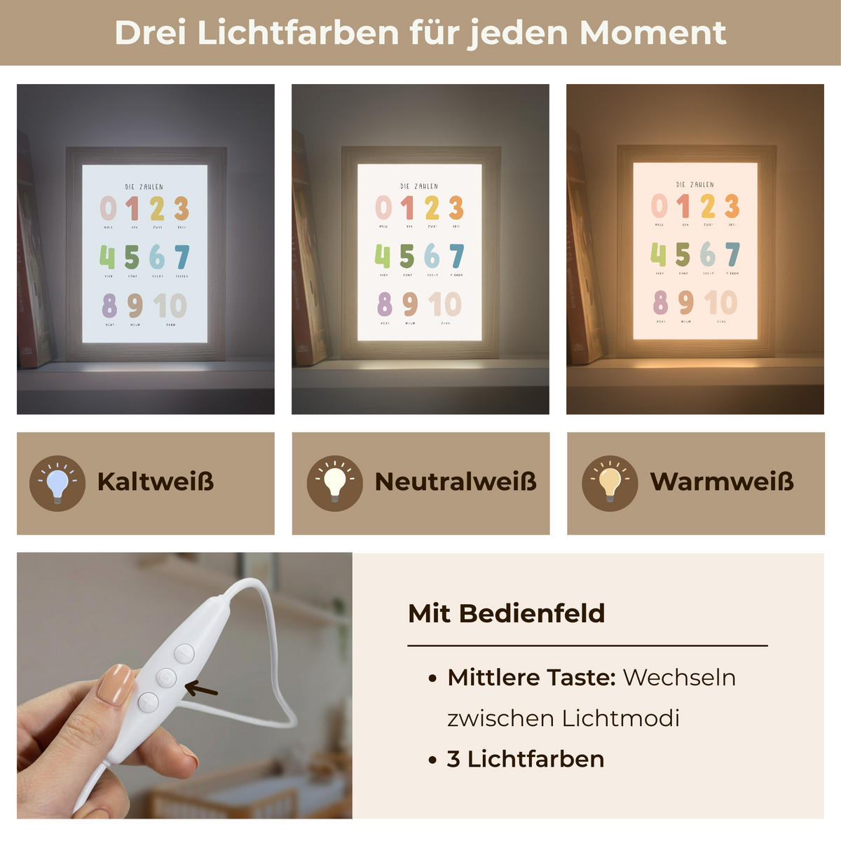 NACHTTISCHLAMPE Pädagogisch - Zählen lernen - Weiß - Farben - 1-10 15x20 cm - Weiß, Holzwerkstoff (8/15/20cm)