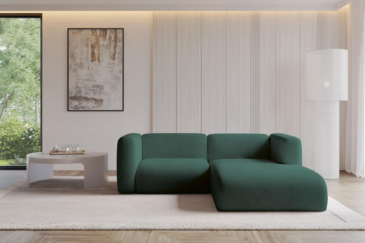 ECKSOFA Ottomane Rechts MIRA-L1 227x179x89 Grün Velours - Dunkelgrün/Schwarz, Holzwerkstoff/Kunststoff (227/179cm) - ALTDECOR