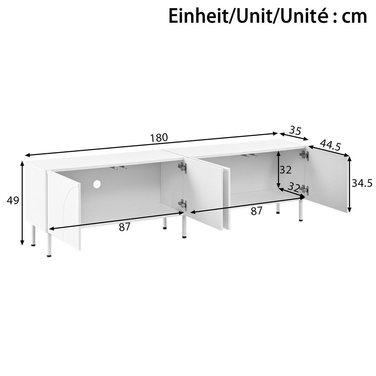 LOWBOARD in Weiß TV-Schrank mit Metallfüße, 180 L x 35 B x 49H(cm), Wohnzimmer - Weiß, Holzwerkstoff/Metall (180/49/35cm) - STILVORA