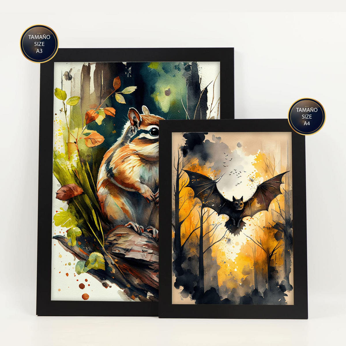 POSTER Set Mit 6 Lebensräume Illustrationen Von Tieren In Naturlandschaften, Realistischer Aquarellstil Innenarchitektur A3 & A4 Schwarzer Rahmen - Schwarz, Papier (29/3cm) - Nacnic
