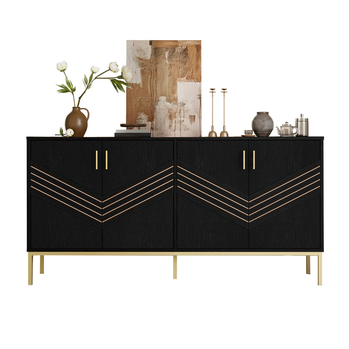 SIDEBOARD mit 4 Türen und höhenverstellbaren Einlegeböden, schwarzes MDF mit goldenen Metallakzenten, 160/40/80,5 cm, Schwarz + Holzmaserung - Schwarz, Holzwerkstoff (160/80.5/40cm) - Redom