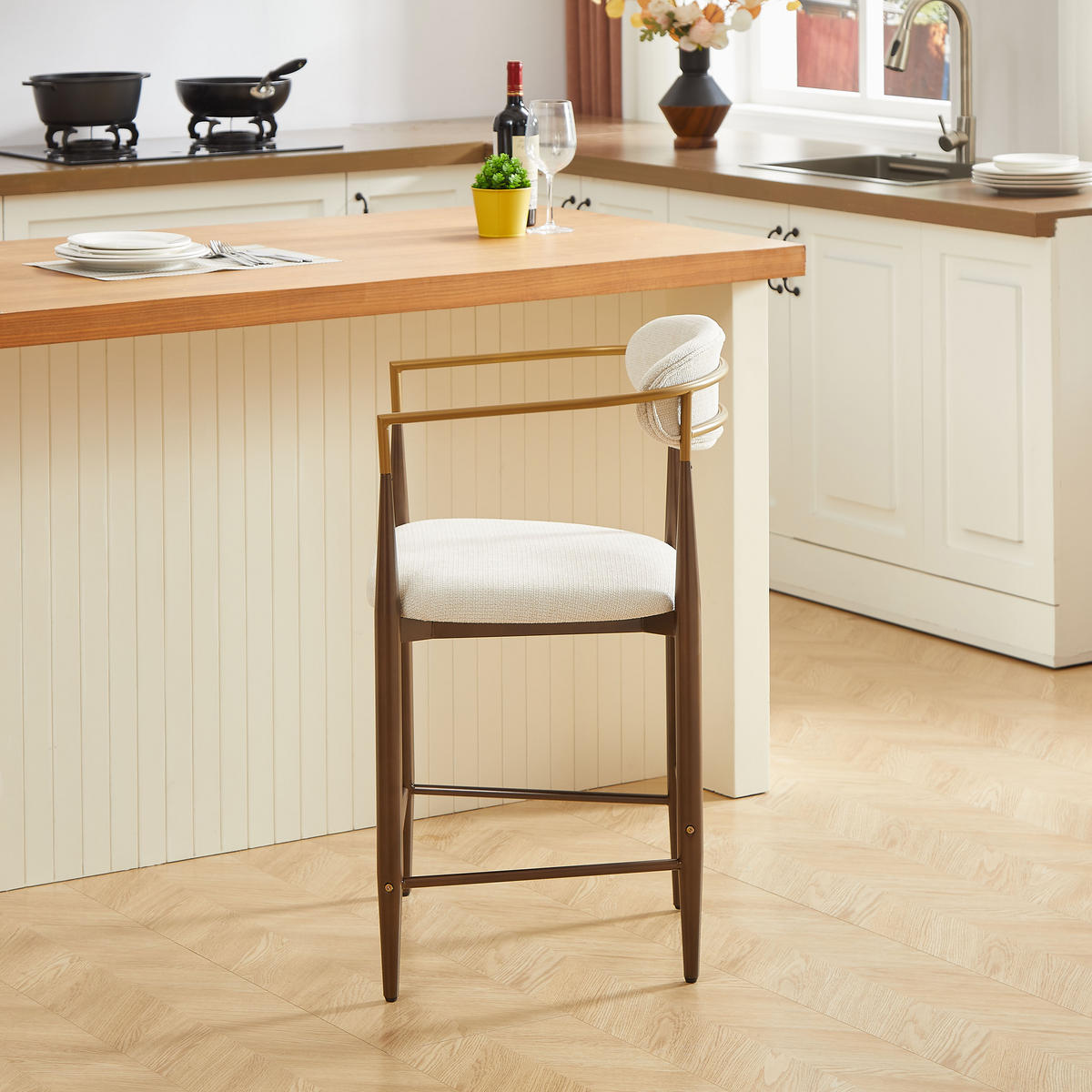 BARHOCKER 2er-Set mit Armlehnen und Stoffkissen, Creme - Beige, Textil (49/102/59cm)