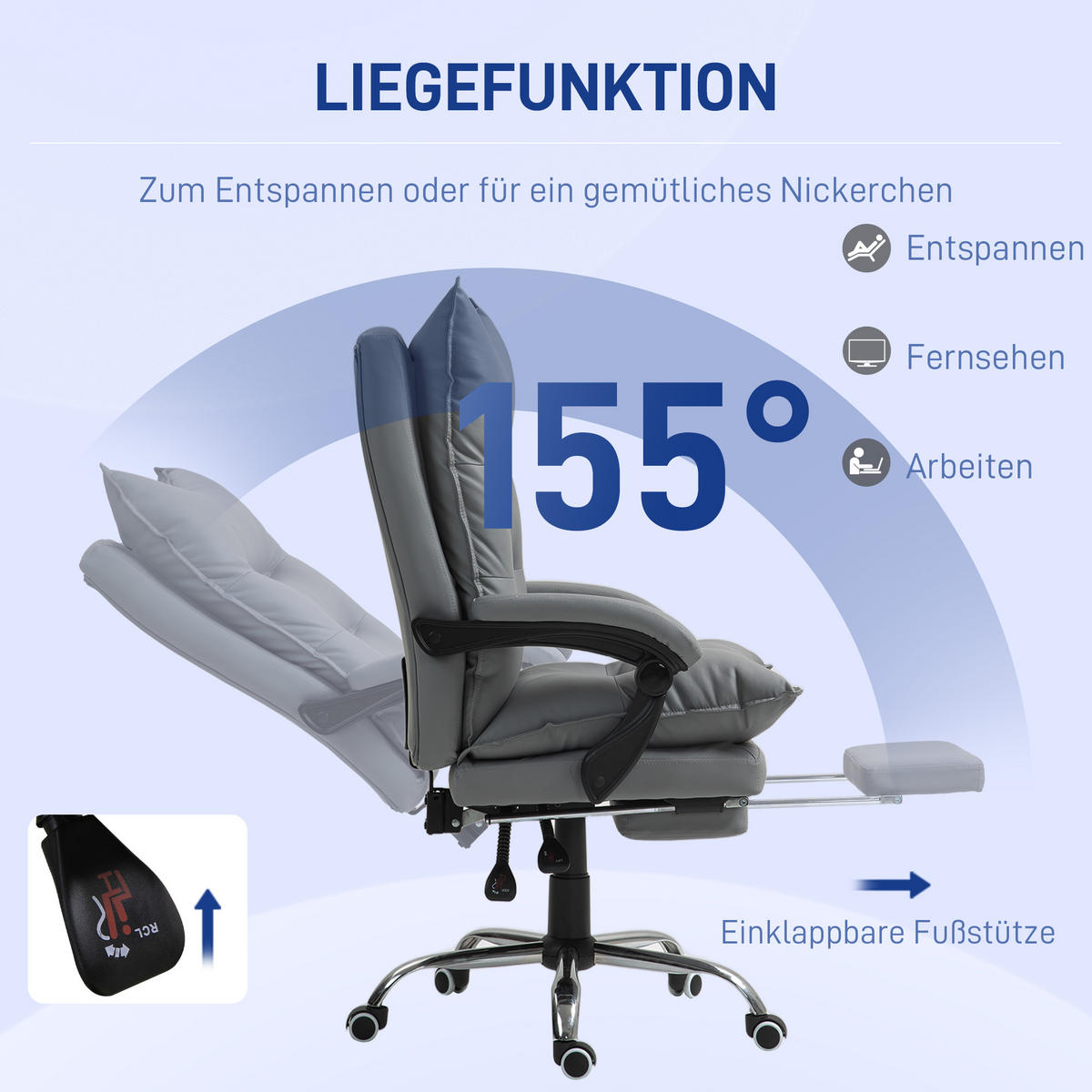 BÜROSTUHL mit Liegefunktion, ergonomisch Schreibtischstuhl Drehstuhl Dunkelgrau - Dunkelgrau, Kunststoff (72/130/66cm) - Vinsetto