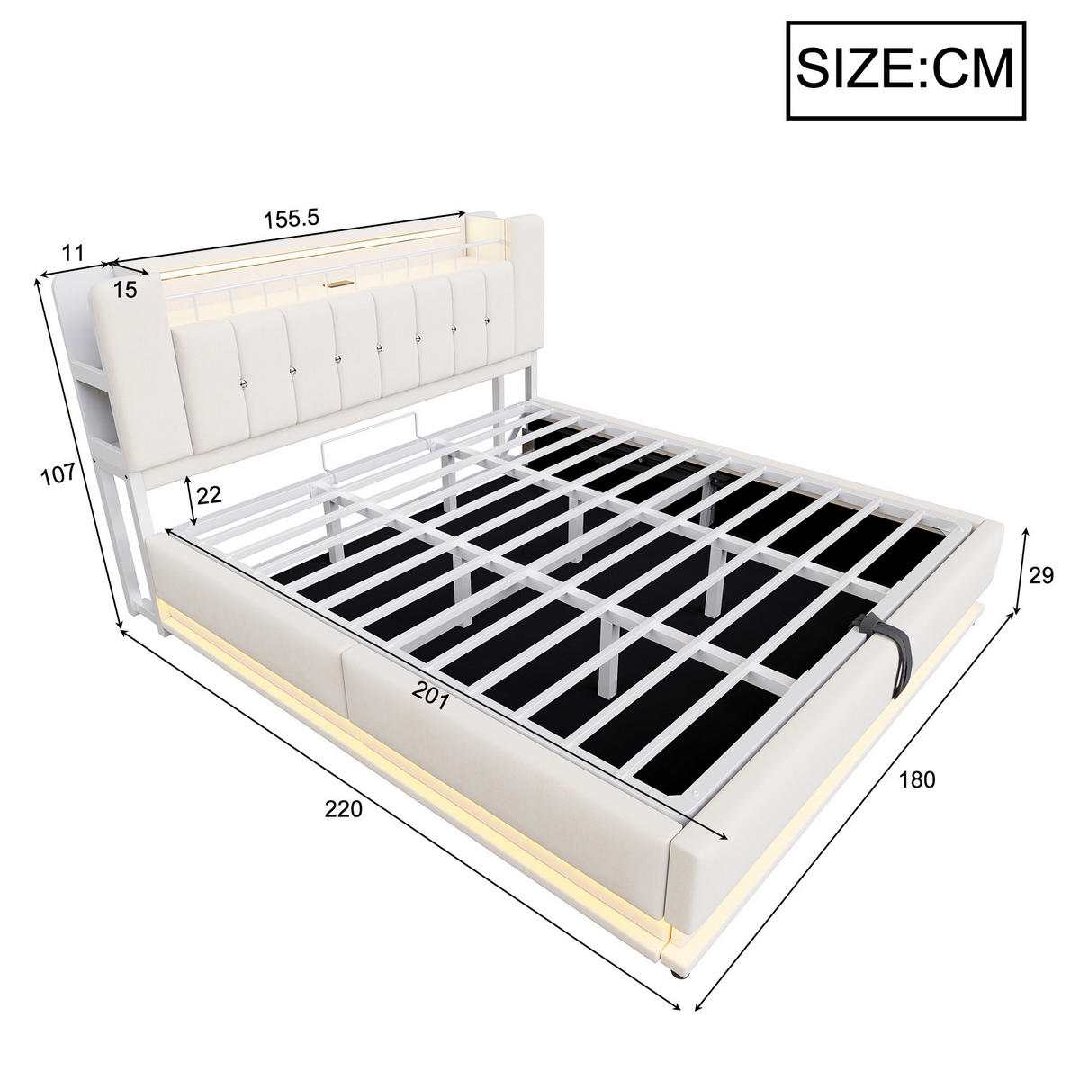 POLSTERBETT mit LED, USB und Stauraum 180x200 cm Samt Beige - Beige, Metall (180/200cm) - Meubliv