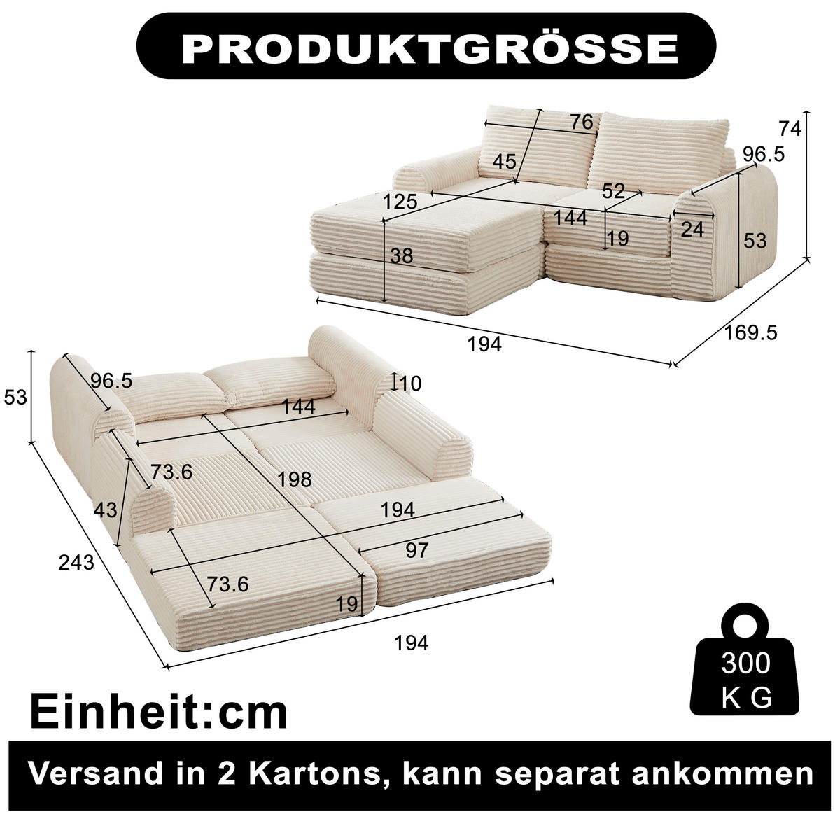 SCHLAFSOFA aus Cord mit modularem Aufbau & herausnehmbarer Fußstütze, 243/194/53 cm, Beige - Beige, Textil (243/53/194cm) - Redom