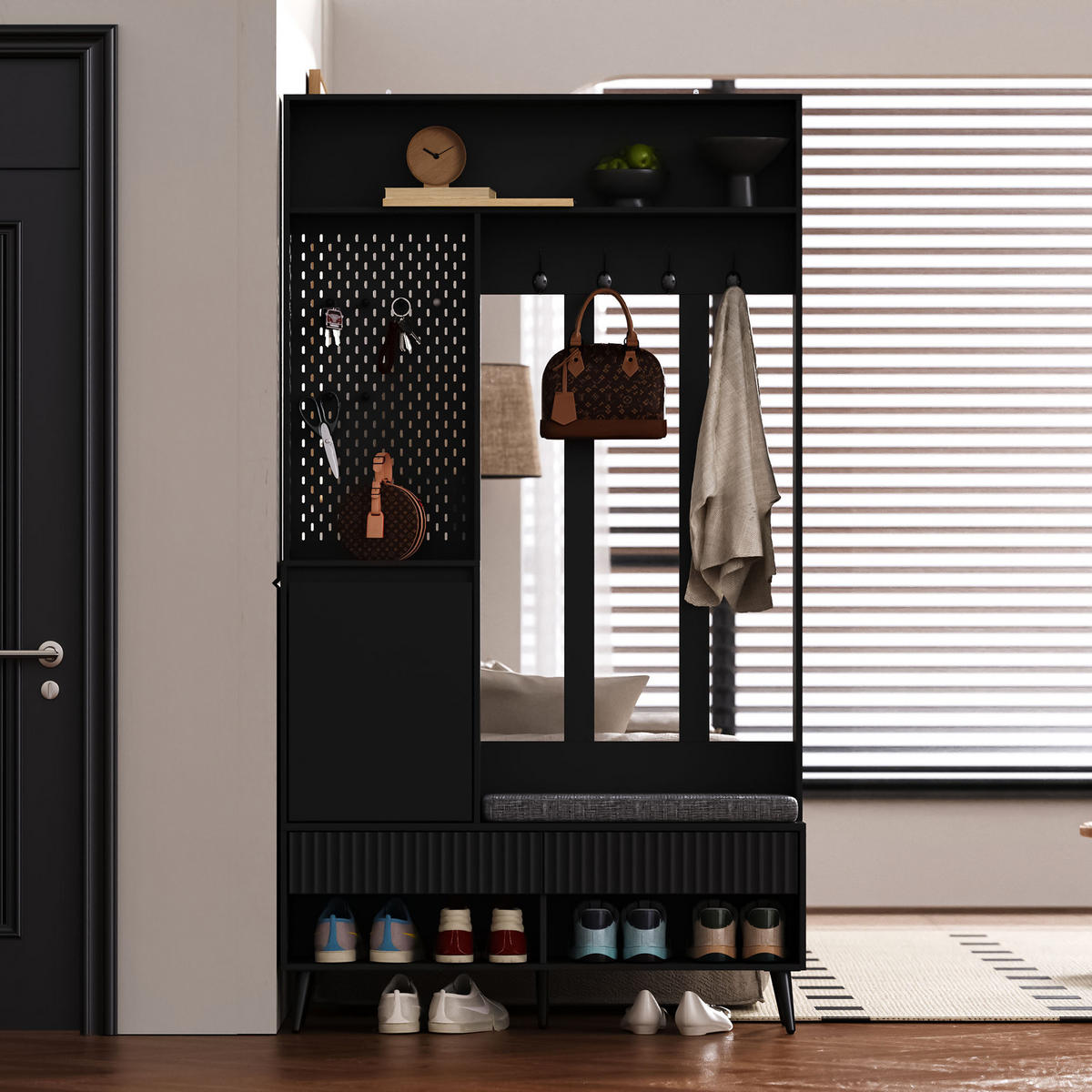 GARDEROBENSET Wandgarderobe mit Schuhbank 4 Haken Schwarz 100x35x180cm - Schwarz, Holzwerkstoff (35/180/100cm) - FLIEKS