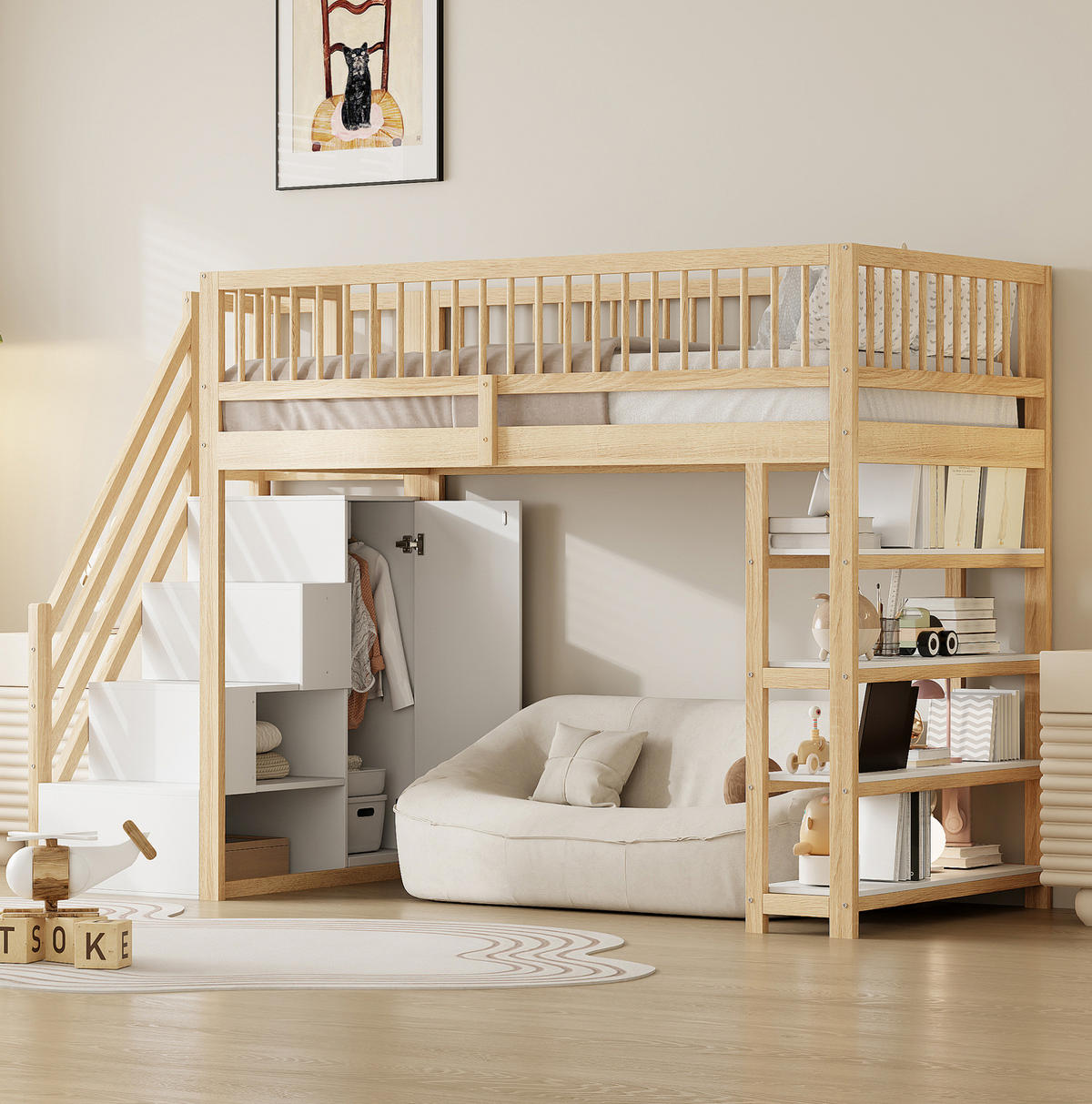 HOCHBETT 90/200 cm mit Kleiderschrank, Regalen und Sicherheitsleiter, farbe - Naturfarben, Holzwerkstoff (90/200cm) - Redom