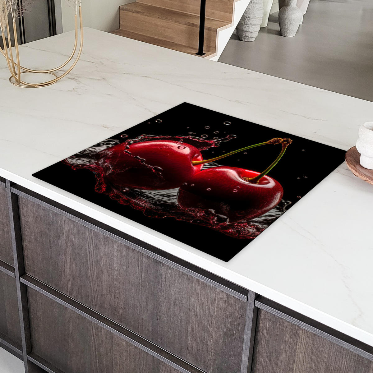 HERDABDECKPLATTE Kirsche - Rot - Frucht - Wasser - Schwarz 78x78 cm - Kirschrot, Kunststoff (78/78/0.2cm) - MuchoWow