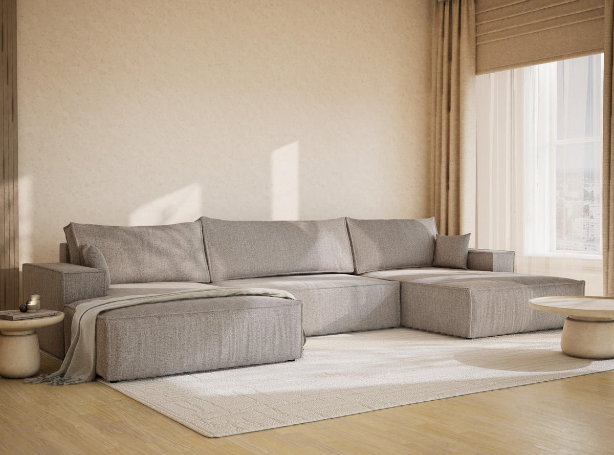 WOHNLANDSCHAFT Kyoto Beige grau Webstoff - Greige/Schwarz, Holz/Holzwerkstoff (398/70/148cm) - Maison de Reve