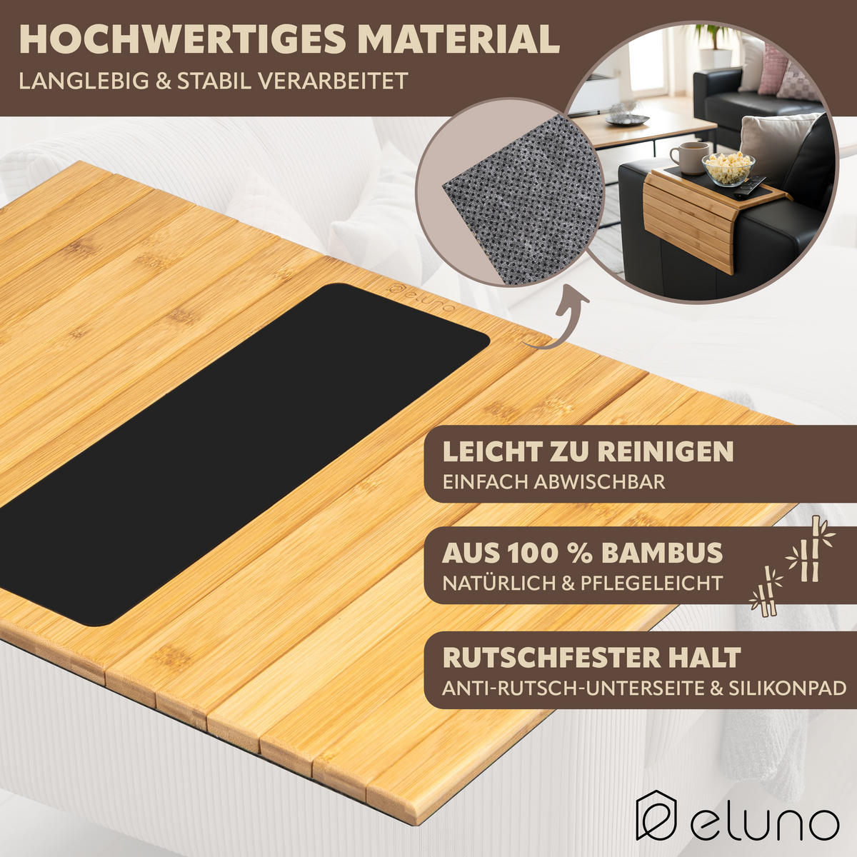 ARMLEHNEN-SOFATABLETT mit rutschfester Silikonablage, Bambus - Naturfarben, Naturmaterialien (47/1/34cm) - eluno