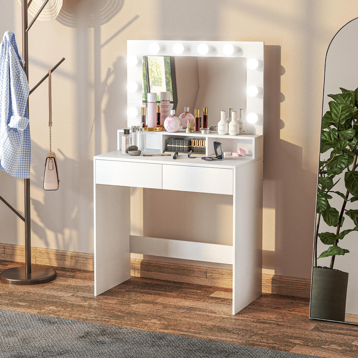 SCHMINKTISCH mit LED-Beleuchtung Frisiertisch mit Spiegel einstellbar Helligkeit - Weiß, Holzwerkstoff (40/135/80cm) - HOMCOM