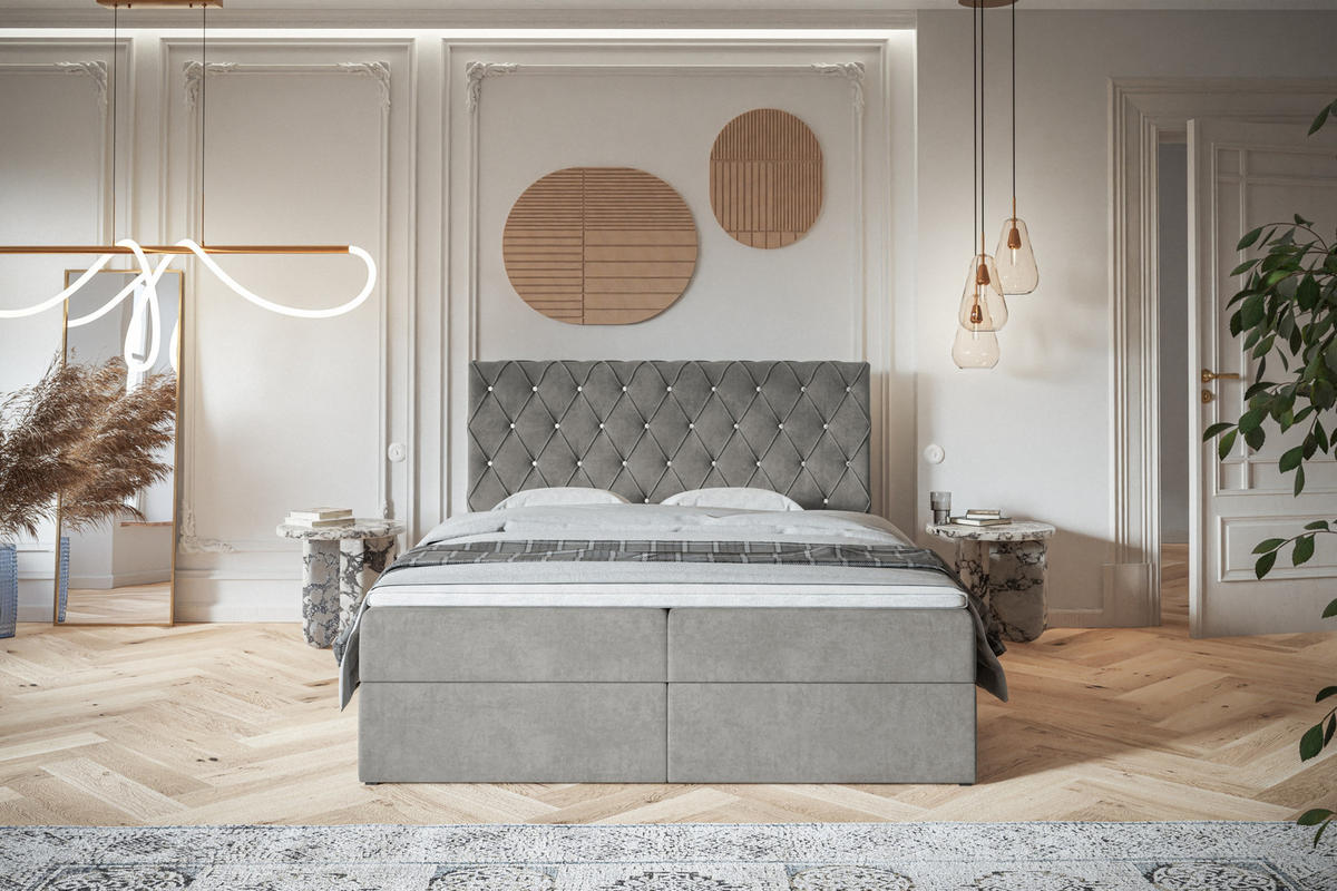 BOXBETT BOSTON mit 2 Bettkästen, 160x200, Farbe: Grau, Velourstoff, Doppelbett mit Bonell-Matratze - Grau, Holz/Kunststoff (160/200cm) - Alpi-Möbel