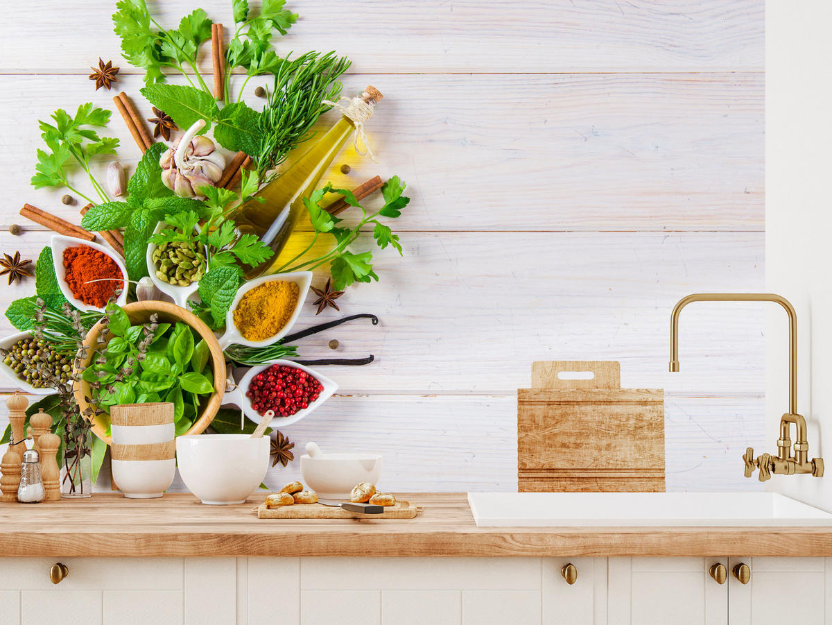 FOTOTAPETE für Küche Kräuterbukett Gewürze Aromen 200x140 - Gelb/Rot, Papier (200/140cm) - Muralo