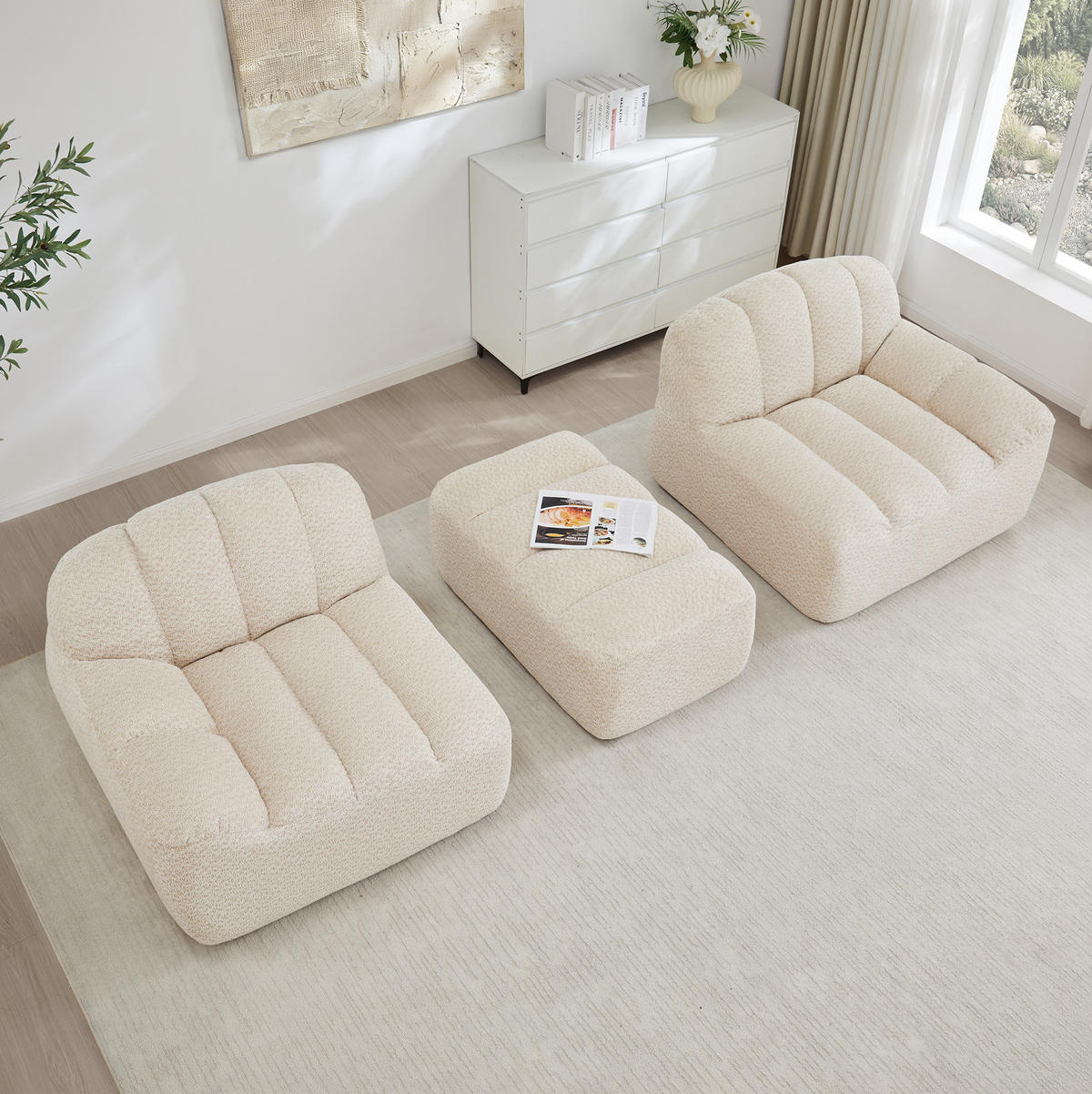 WOHNLANDSCHAFT aus granuliertem Fleece Beige-Weiß mit Ottoman, L-Form und 2-Sitzer-Funktion - Beige, Textil (210/79/165cm) - Modfu