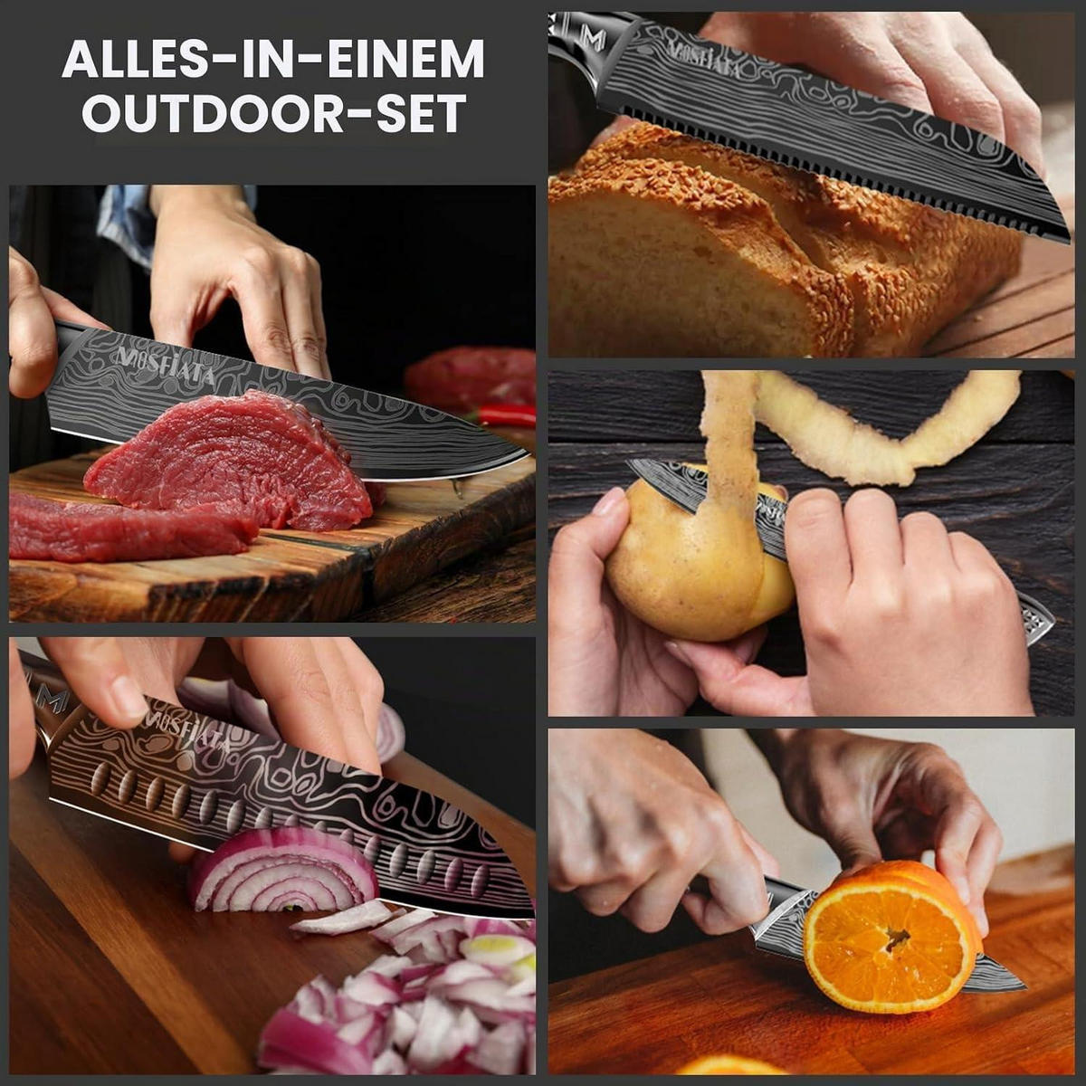 KÜCHENMESSERSET 12-teiliges Set Edelstahl mit Tasche & Wetzstahl - Grau, Metall