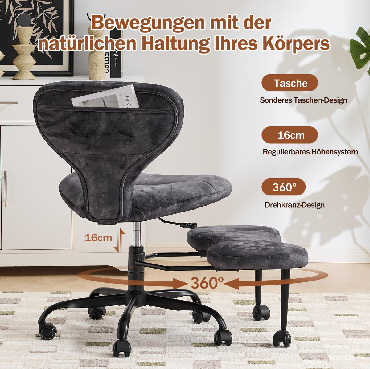MEDITATIONSSTUHL in Grau 80x67x84 cm mit Rollen, Drehfunktion und ausziehbarer Fußstütze - Grau, Textil (67/84/80cm) - IVMEU