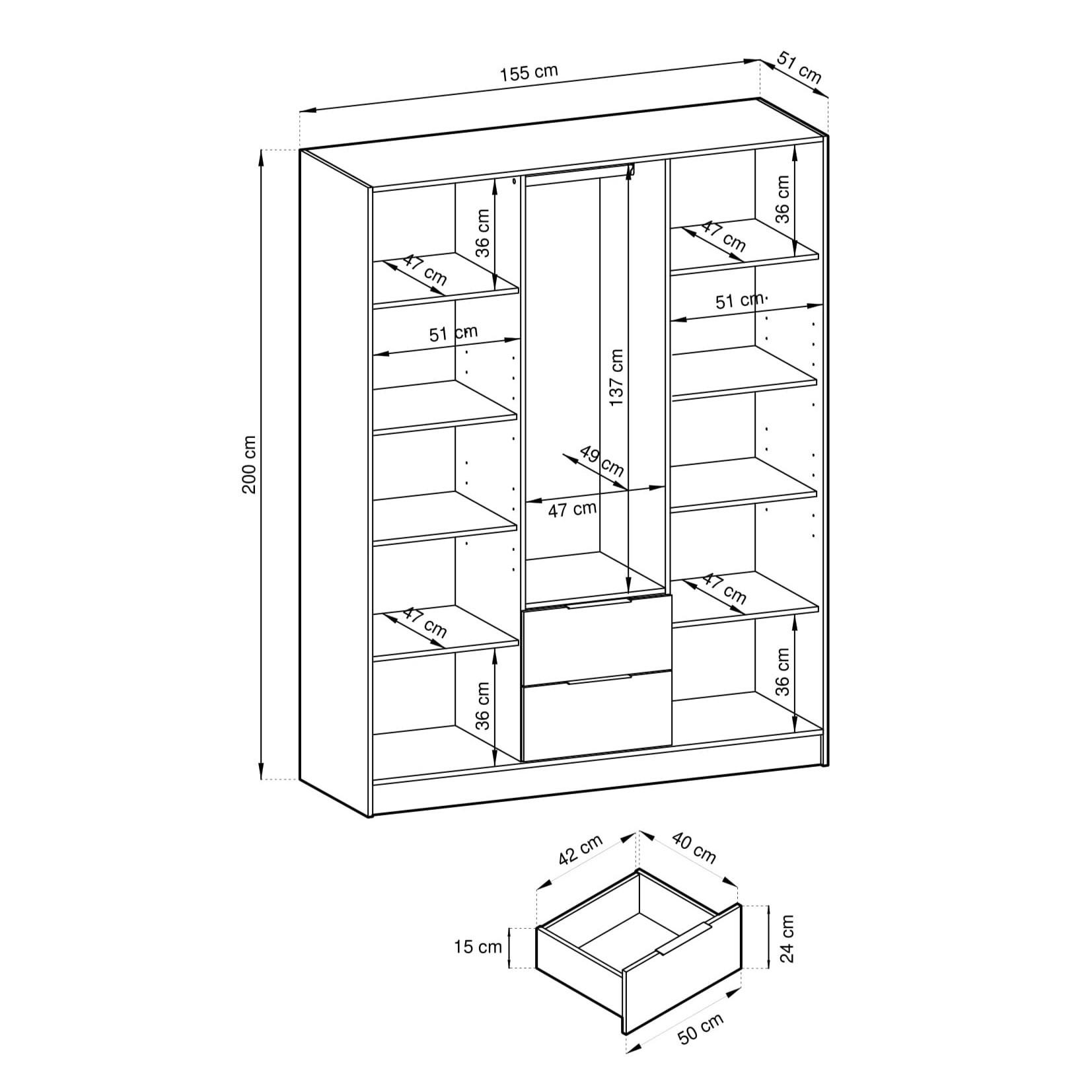 Thumbnail - Masseno Drehtürenschrank, Graphit, Holzwerkstoff, 8 Fächer, 2 Schubladen, Rechteckig, 155x200x51 cm, Schlafzimmer, Kleid...