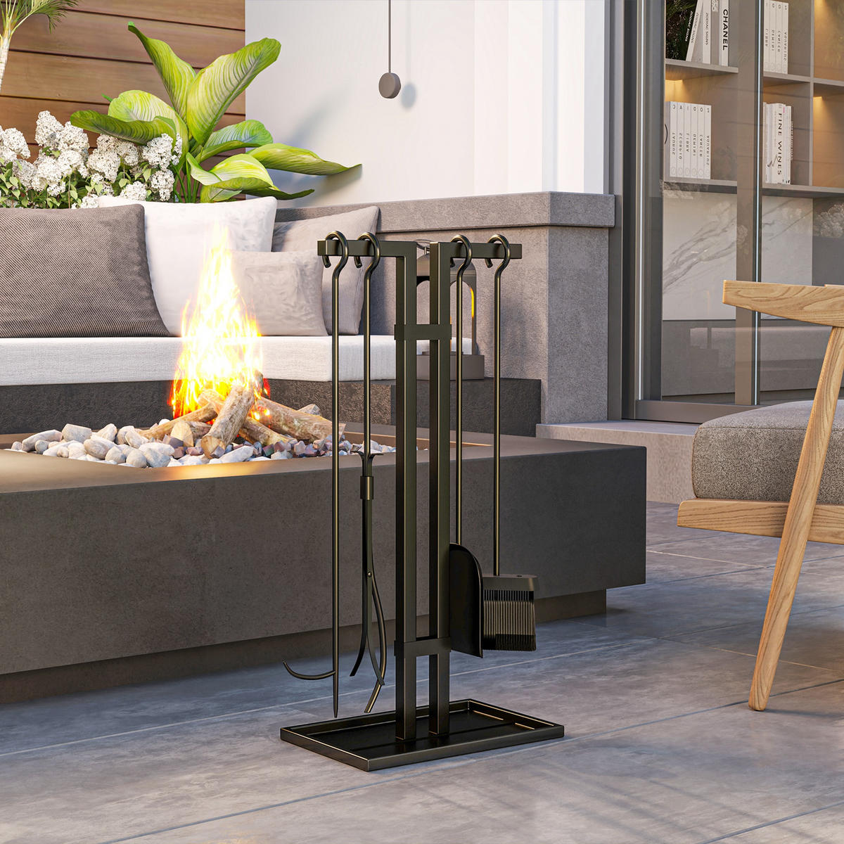 KAMINWERKZEUGSET 5tlg DE-13778 mit Rechteckständer Schwarz - Schwarz, Metall (31/64/20cm) - ComfortXL