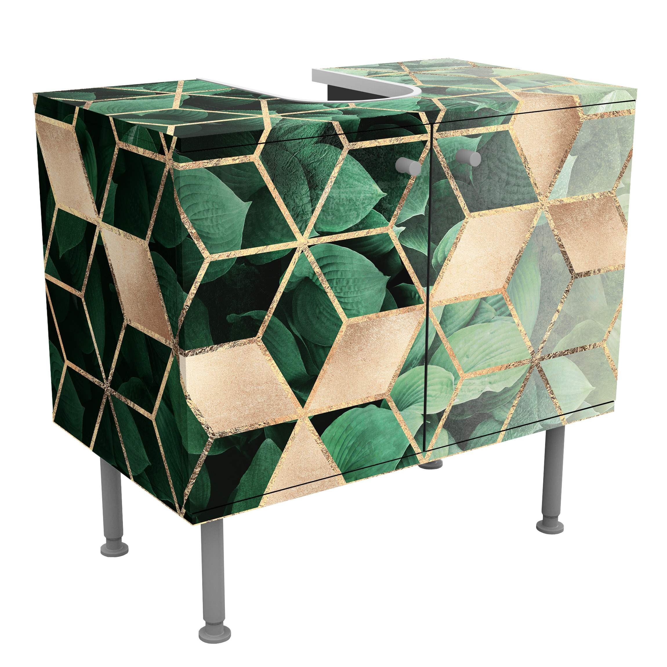 WASCHBECKENUNTERSCHRANK Grüne Blätter goldene Geometrie 60/55/35 cm - Grün, Holzwerkstoff (60/55/35cm) - Bilderwelten