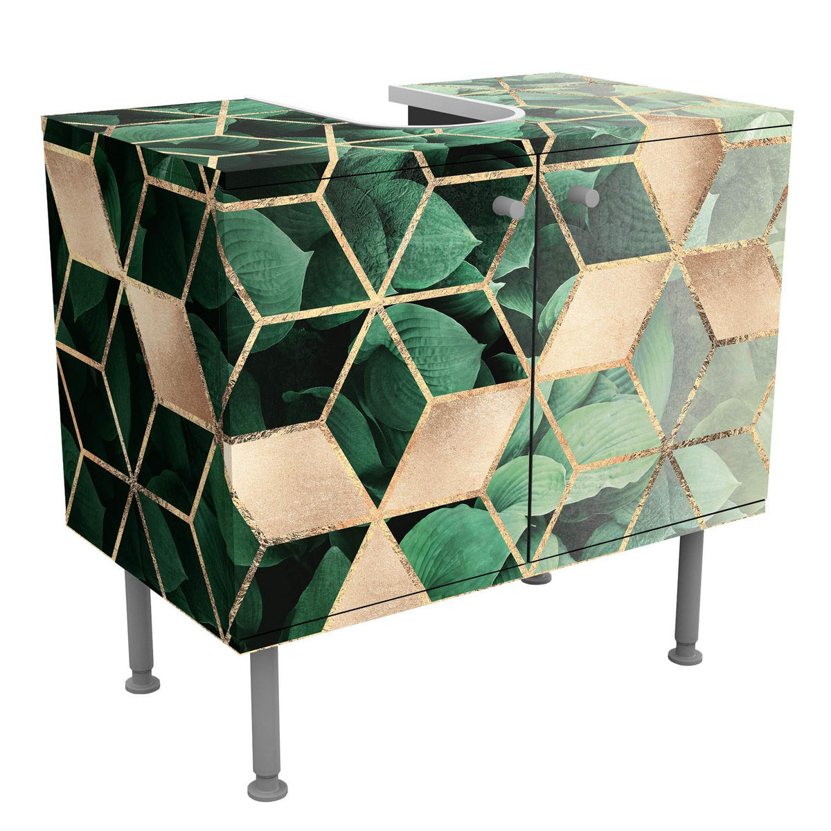 WASCHBECKENUNTERSCHRANK Grüne Blätter goldene Geometrie 60/55/35 cm - Grün, Holzwerkstoff (60/55/35cm) - Bilderwelten