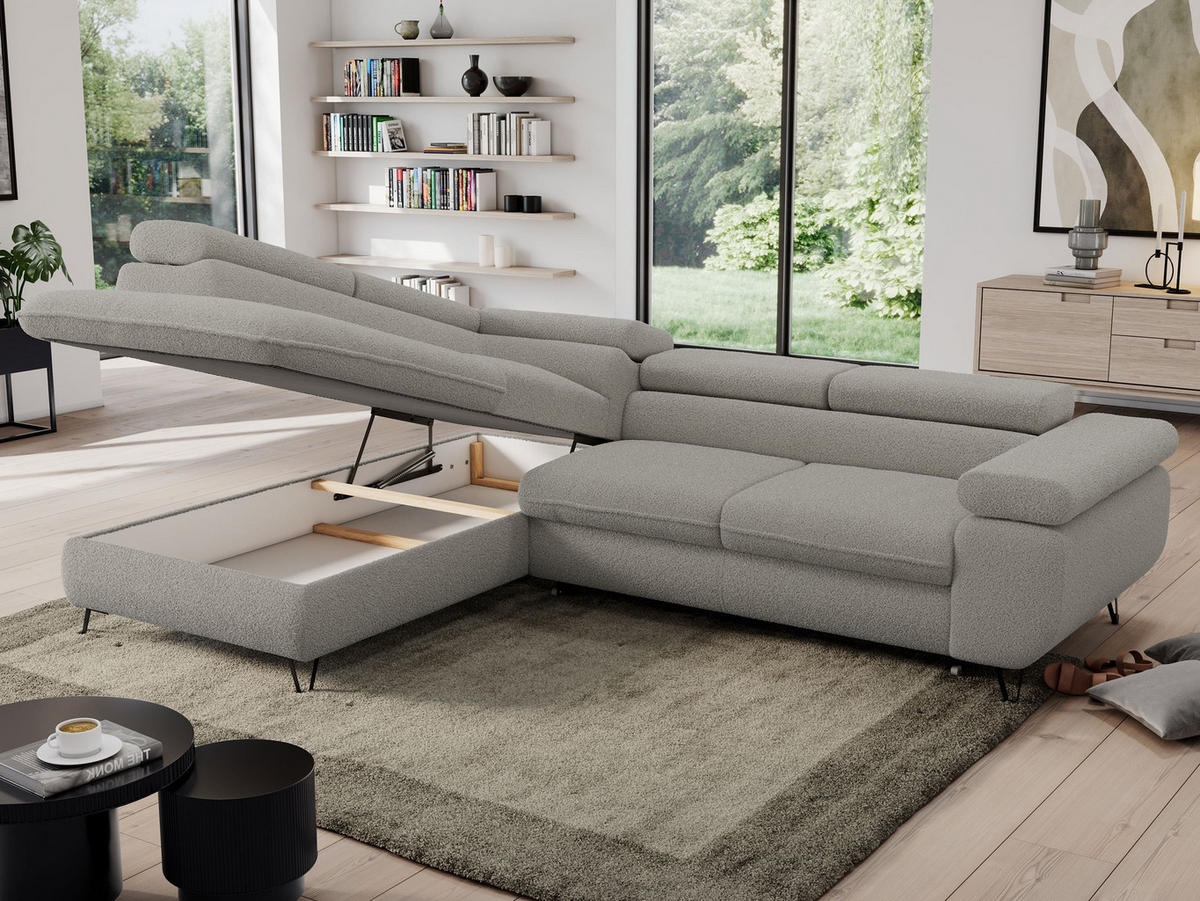 ECKSOFA PEDRO L Hellgrau Boucle - Links Seite - Hellgrau/Schwarz, Textil/Metall (208/273cm) - MKS