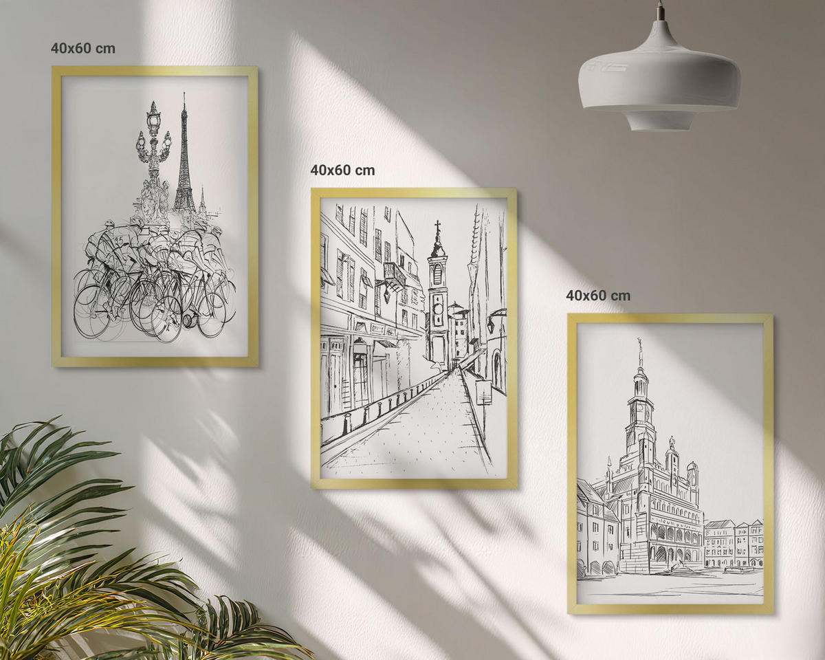 WANDBILDER 3er Set - 40x60 cm Goldrahmen - Einfache Zeichnungen von Stadtlandschaften - Goldfarben, Kunststoff (40/60cm) - ArtPrintCave