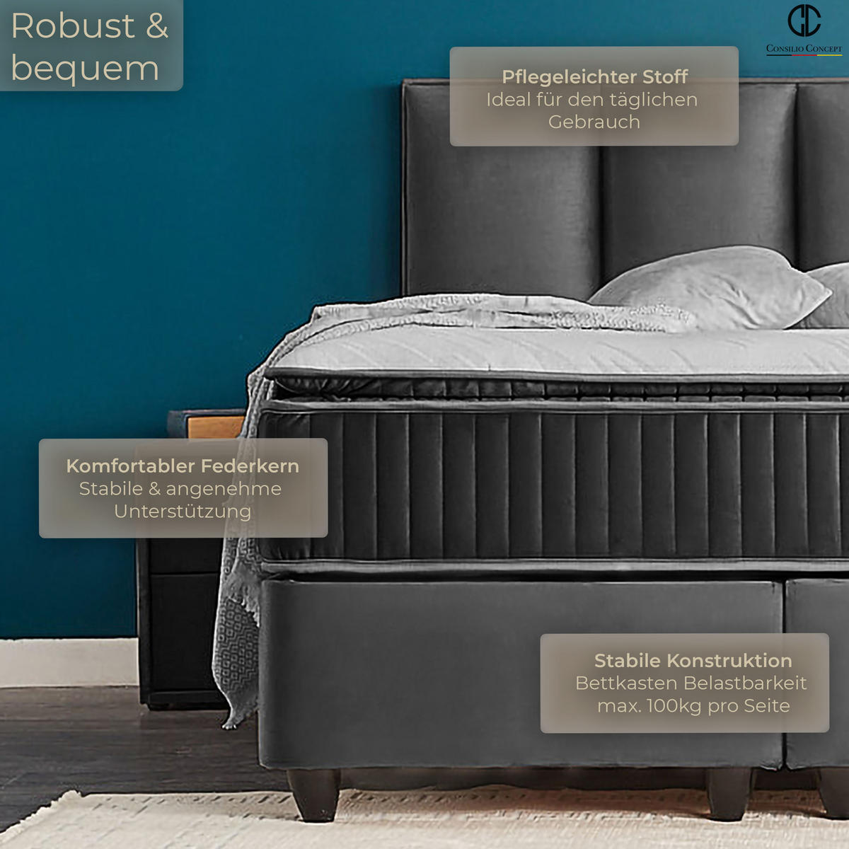 BOXSPRINGBETT MIT BETTKASTEN NAPOLI 160/200 cm, Schwarz, Bettkasten, Matratze, Topper integriert, H3 mittel - Schwarz/Braun, Holz/Kunststoff (160/200cm) - Consilio Concept