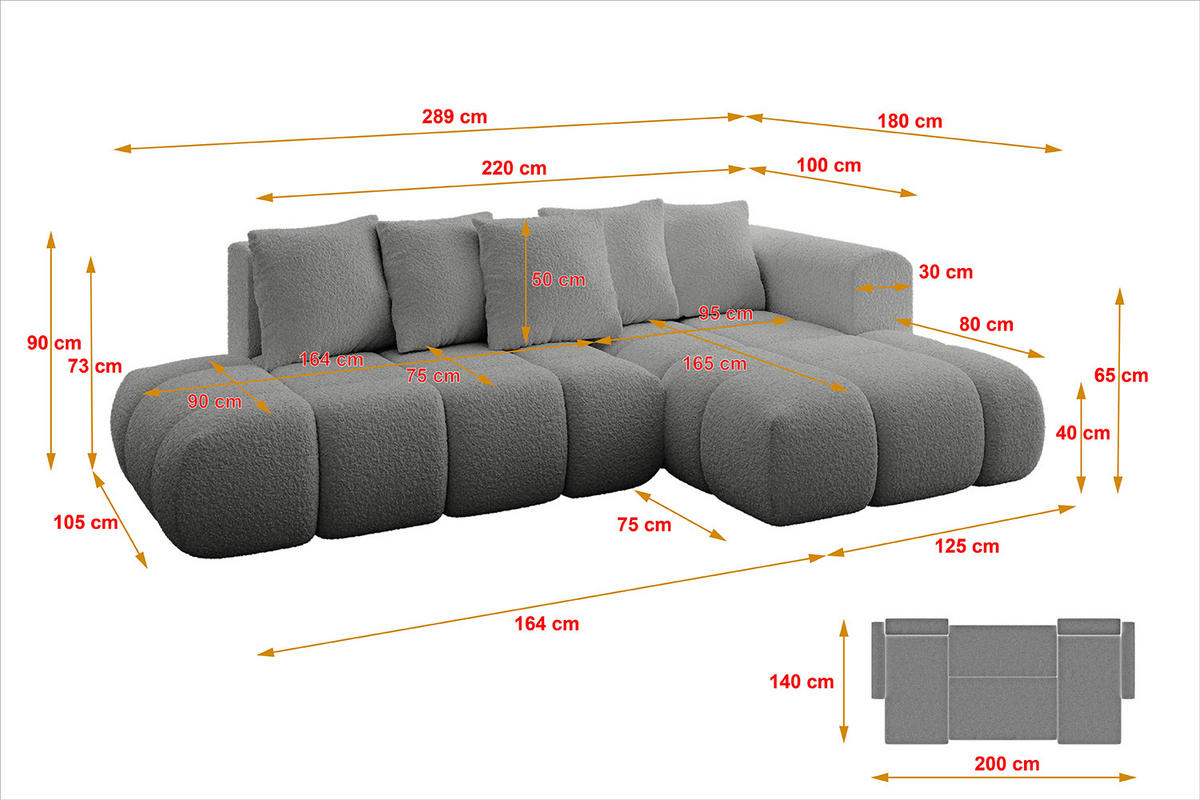 ECKSOFA Ottomane Rechts CLOUD-L-v1 289x180x40 Hellgrau Bouclé - Hellgrau, Holzwerkstoff/Kunststoff (289/180cm) - ALTDECOR