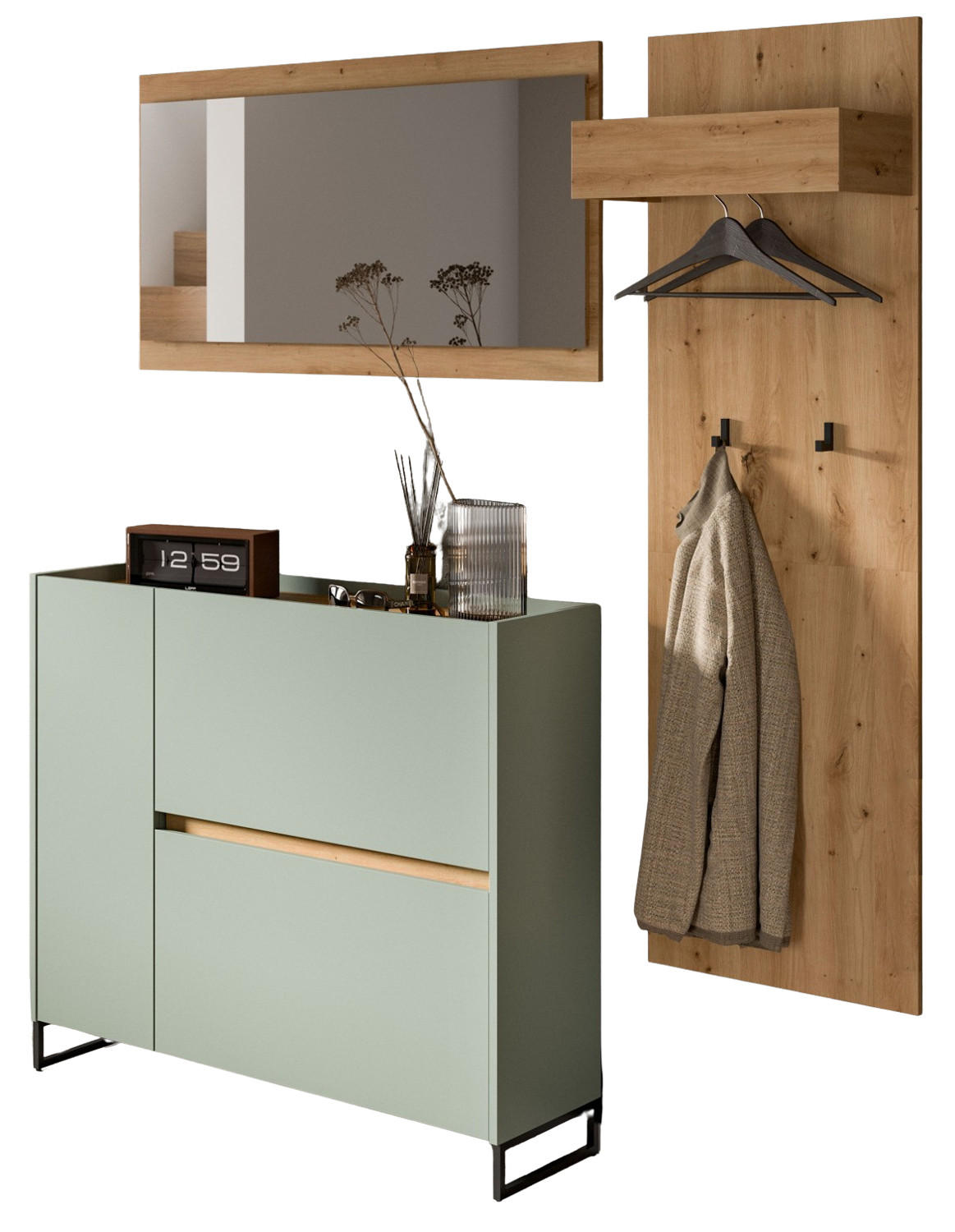 GARDEROBEN-SET 3-teilig Salbei grün, Eiche Artisan 175 cm, Garderobenschränke mit Soft-Close - Salbeigrün/Schwarz, Glas/Holzwerkstoff (175/192/32cm) - Inn.Furn